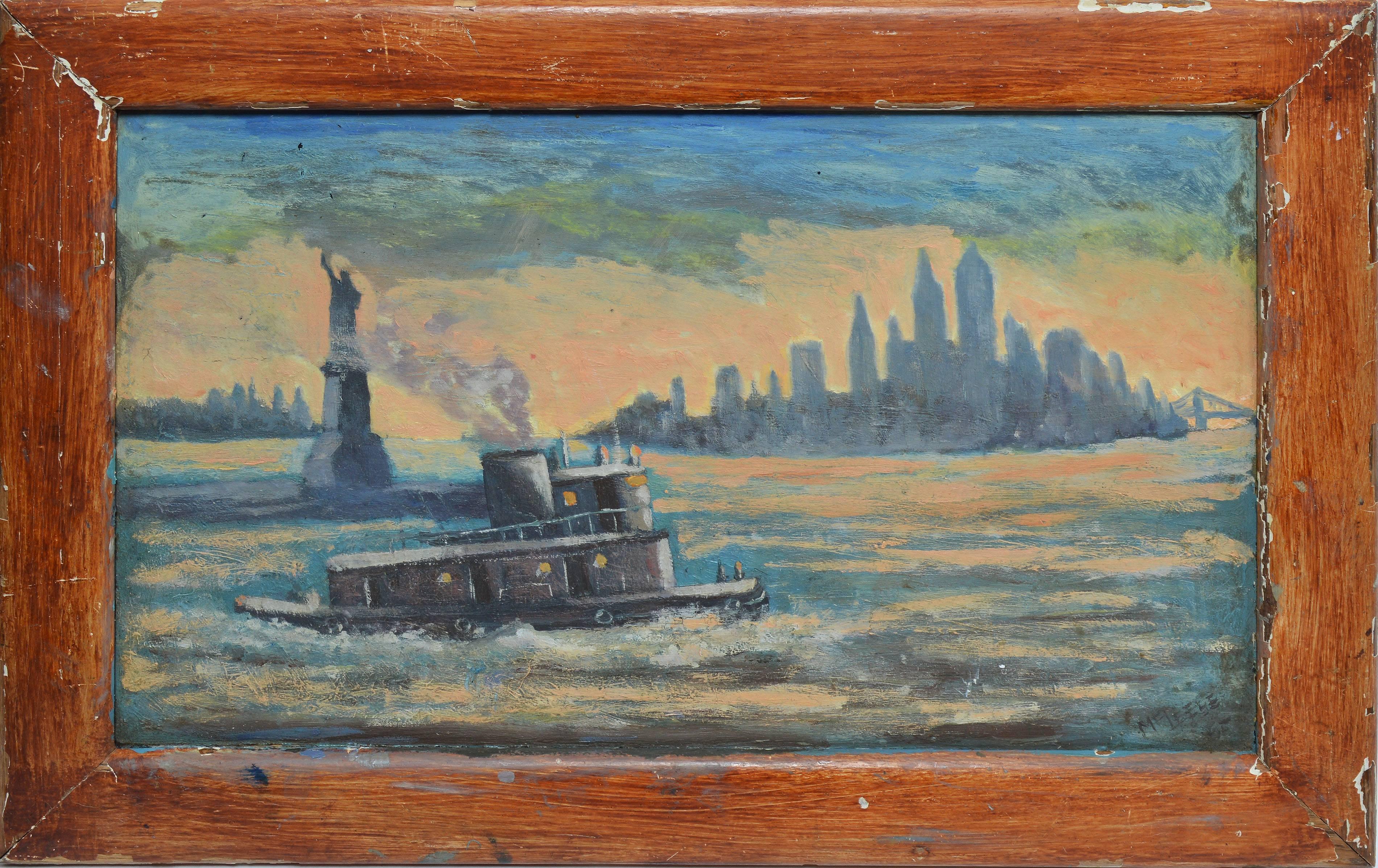 Unknown Landscape Painting - Sunset View of New York Harbor and the Statue of Liberty