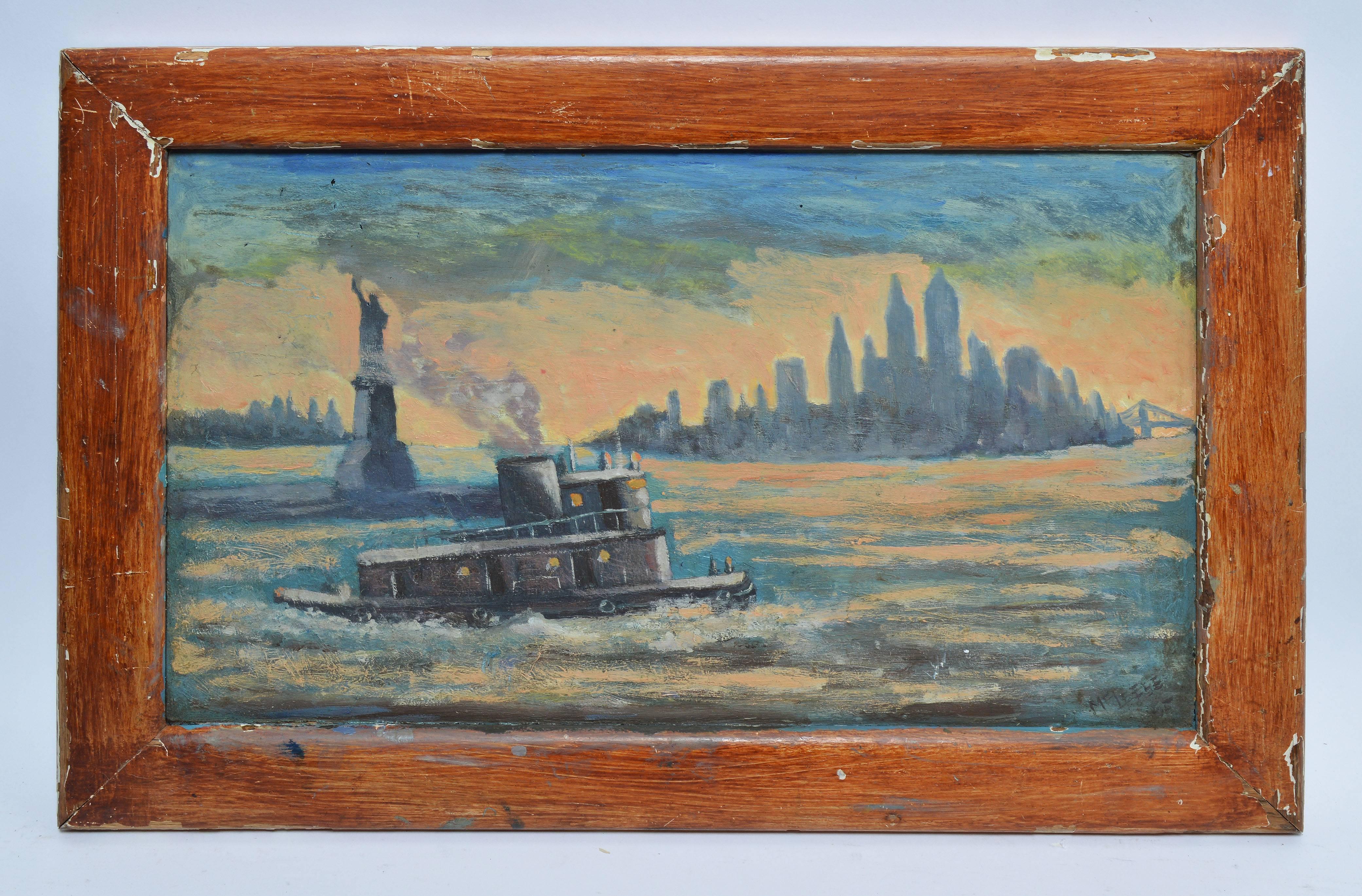 Sunset View of New York Harbor and the Statue of Liberty - Painting by Unknown
