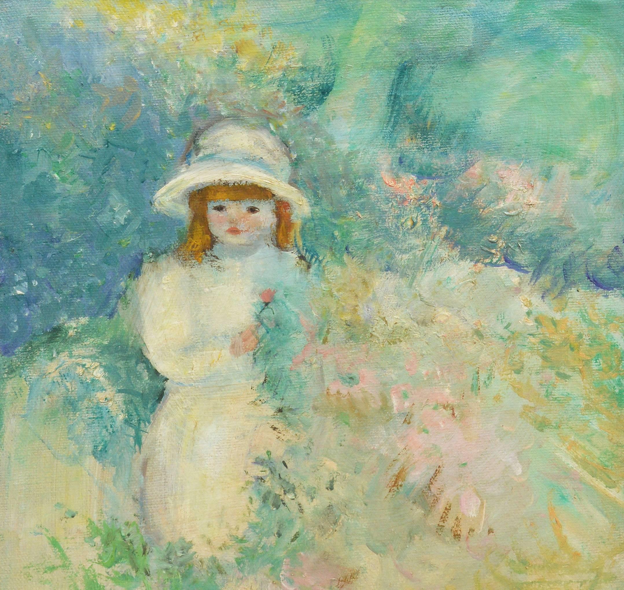 Impressionist painting of a young girl in a wild flower landscape.  Oil on canvas, circa 1950.  Signed lower right, 