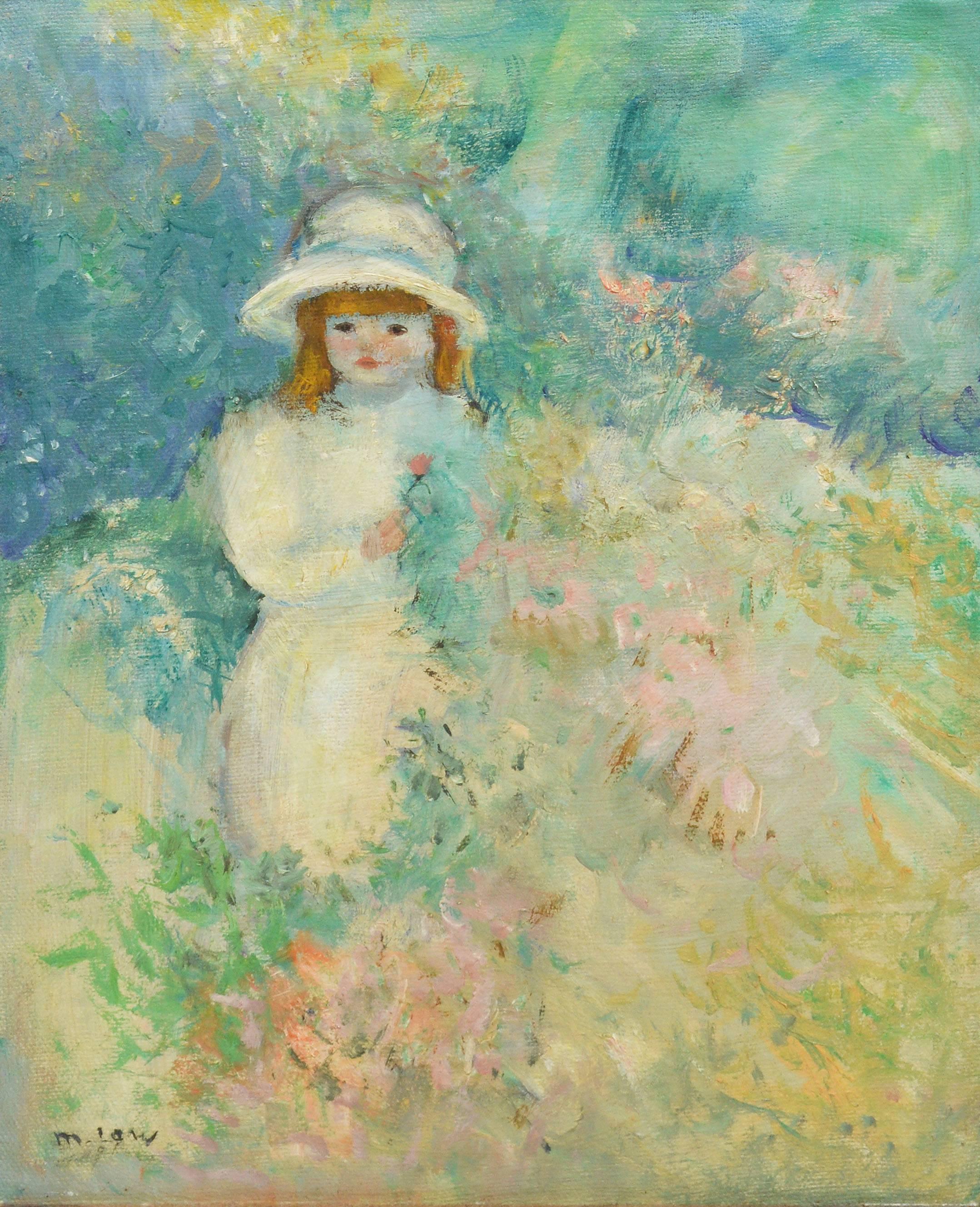 Impressionist Portrait of a Girl in Wild Flowers - Brown Landscape Painting by Unknown
