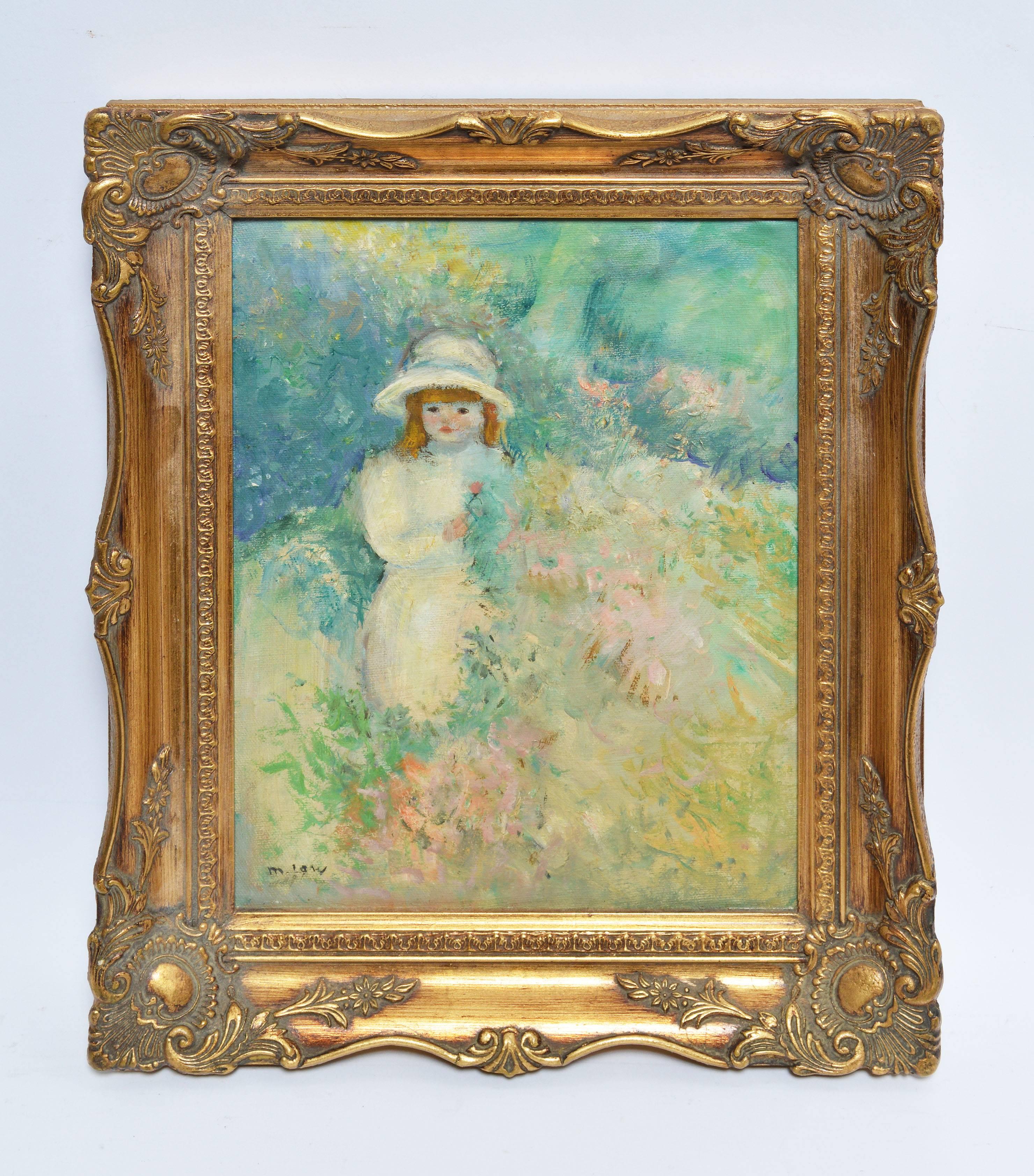 Impressionist Portrait of a Girl in Wild Flowers - Painting by Unknown