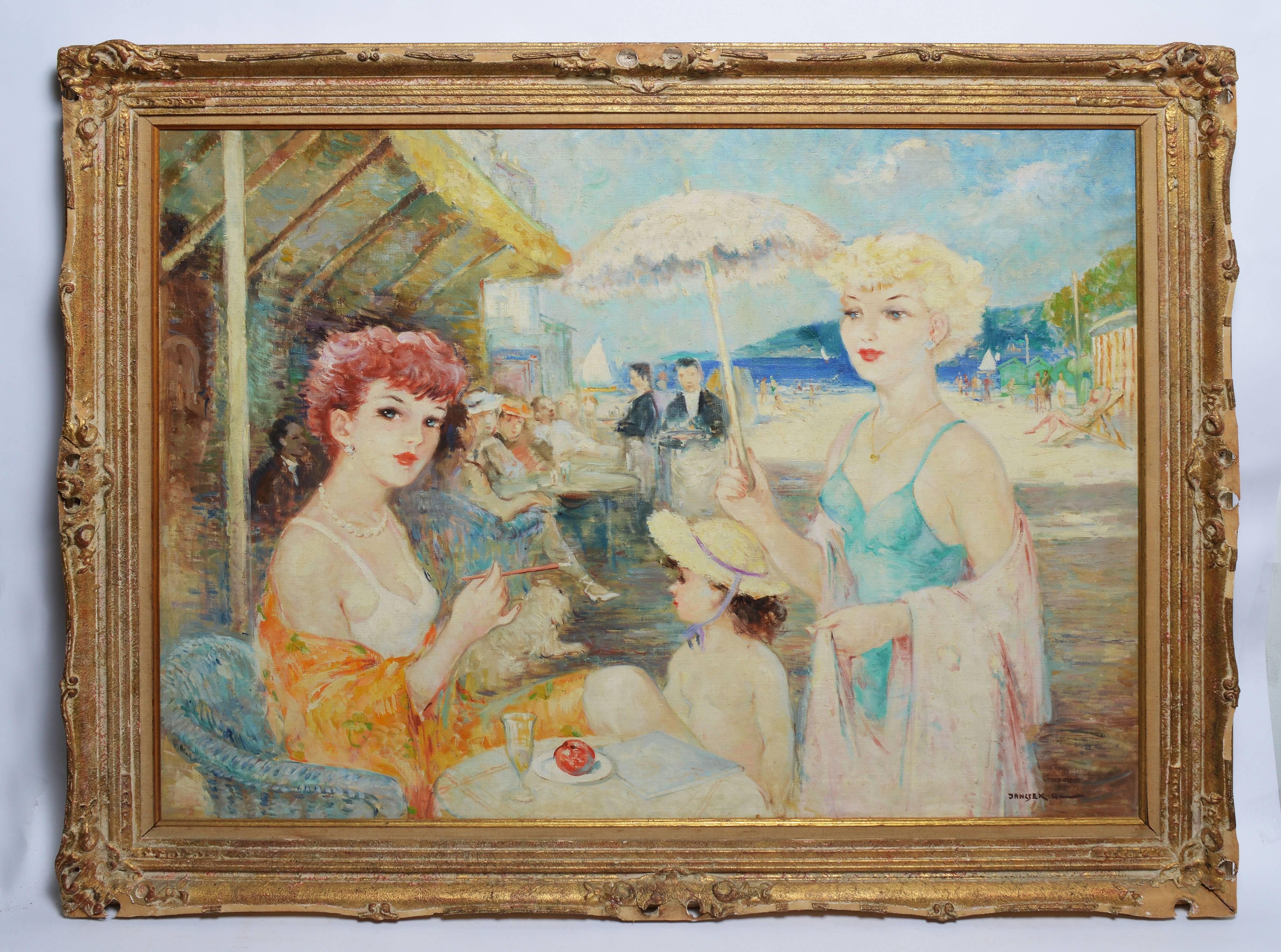 Large impressionist beach scene by Antal Jancsek (1907-1985).  Oil on canvas, circa 1940.  Signed lower right, "Jancsek Antal".  Displayed in a period impressionist frame.  Image size, 40"L x 30"H, overall 47"L x 37"H.