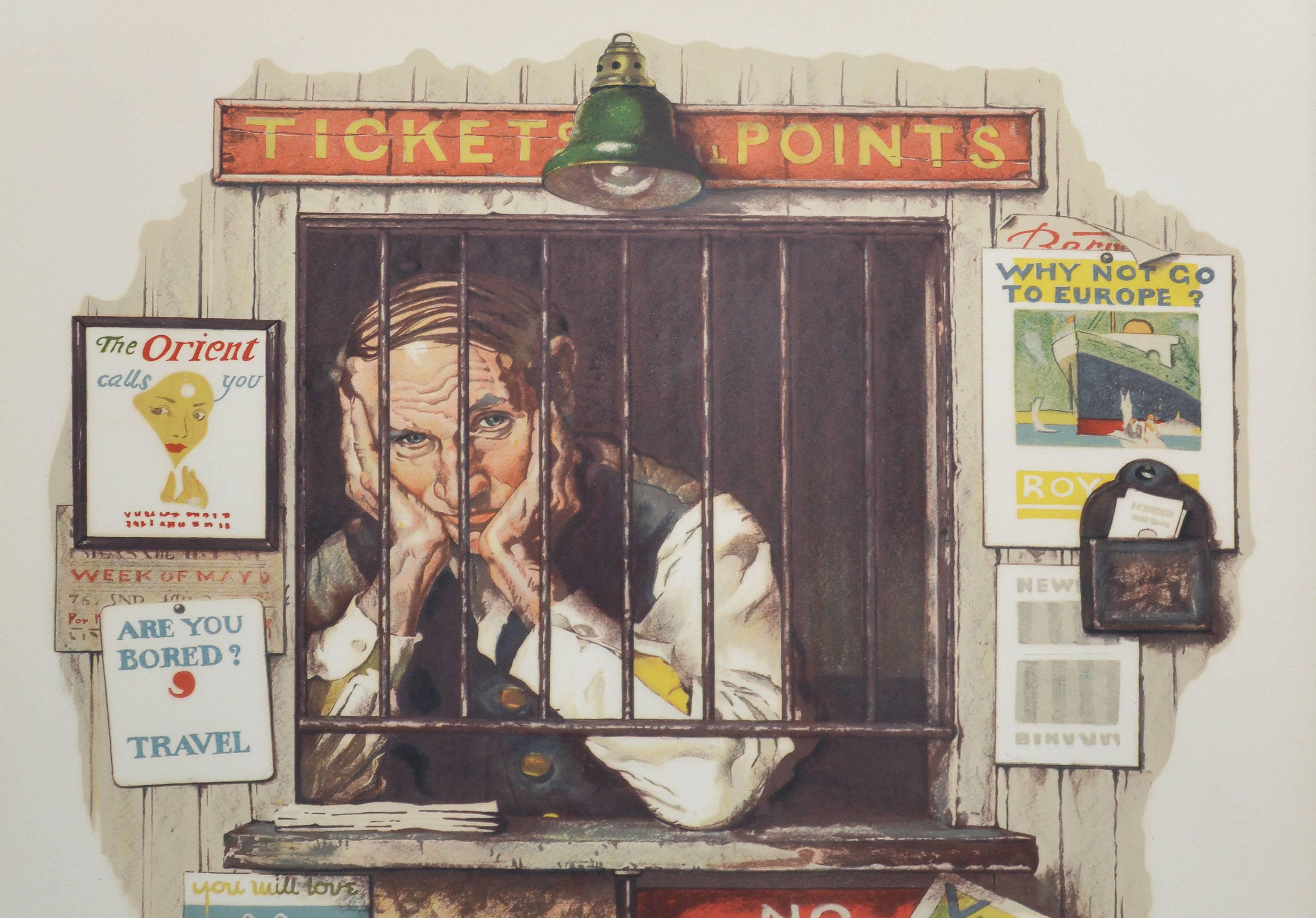 The Ticket Seller, Cover for Saturday Evening Post 1937 - Beige Figurative Print by Norman Rockwell