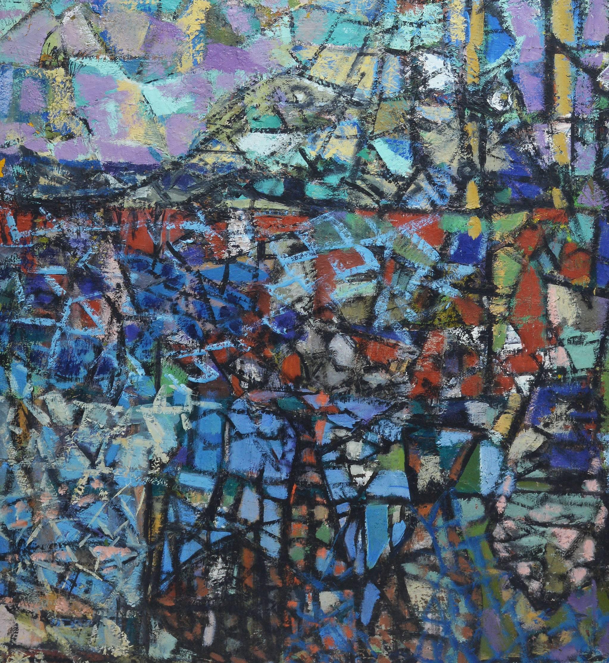 Modernist abstract harbor view painting.  Oil on canvas, circa 1940.  Unsigned.  Image size, 24"L x 36"H.