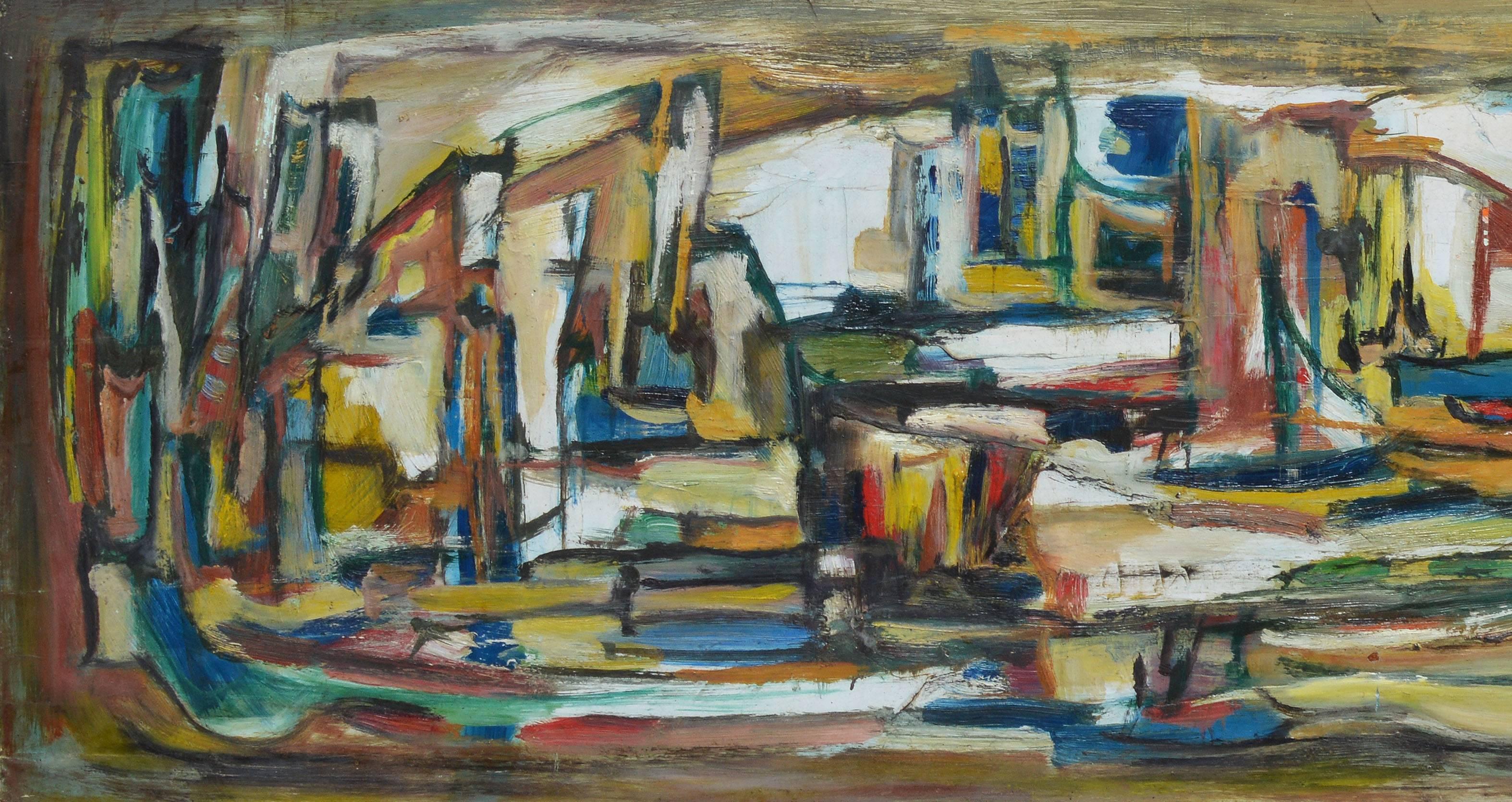 Modernist painting of a city.  Oil on board, circa 1962.  Signed illegibly lower right.  Displayed in a modernist frame.  Image size, 24"L x 10"H, overall 28.5"L x 14.5"H.