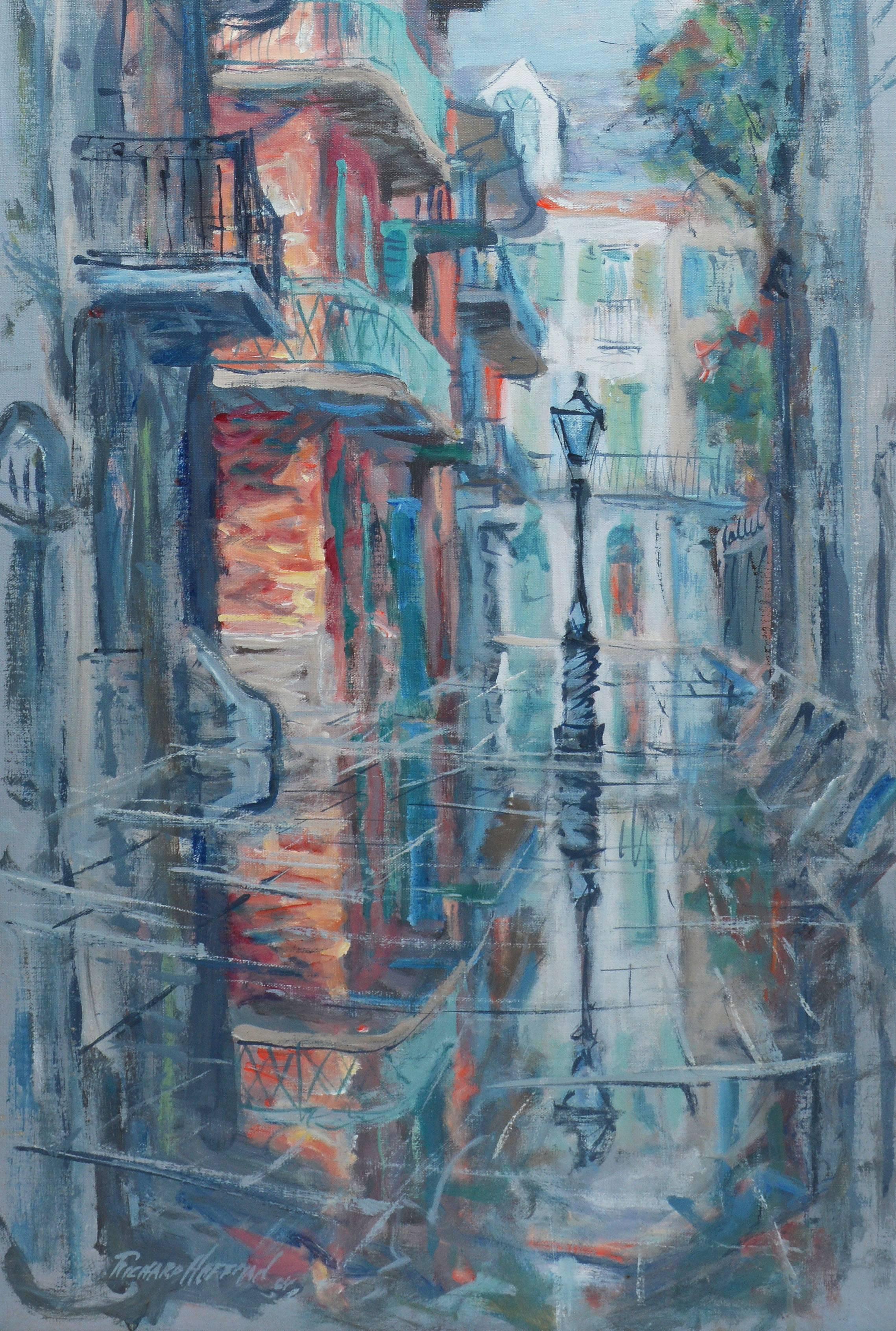 Impressionist cityscape of the French Quarter in New Orleans by Richard Hoffman.  Oil on canvas, circa 1964.  Signed lower left, "Richard Hoffman".  Displayed in a period giltwood frame.  Image size, 16"L x 36"H, overall
