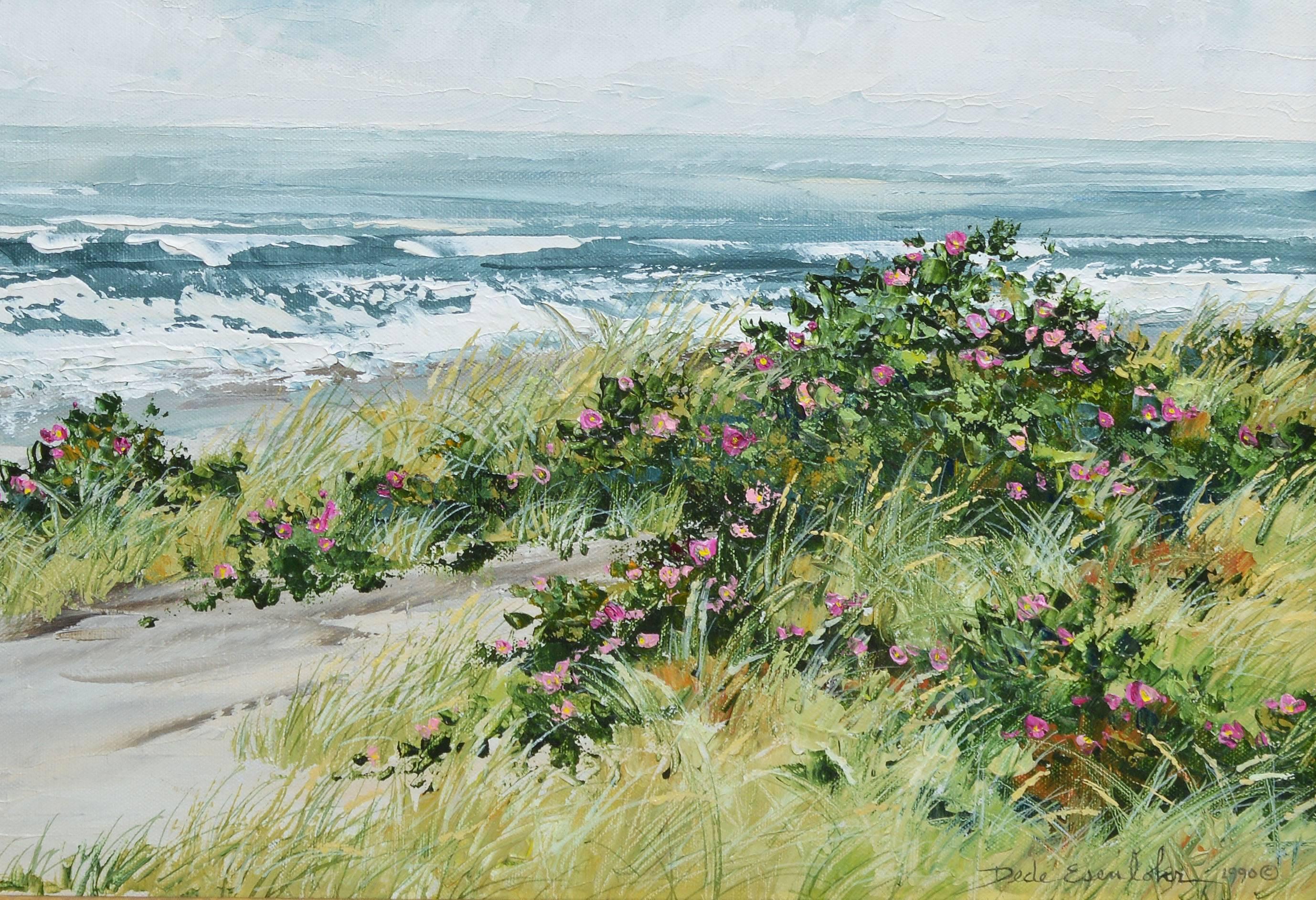 Modernist beach view with wild flowers by Dede Esenlohr.  Oil on canvas, circa 1990.  Signed lower right, "Dede Esenlohr".  Displayed in a giltwood frame.  Image size, 20"L x 16"H, overall 24"L x 20"H.