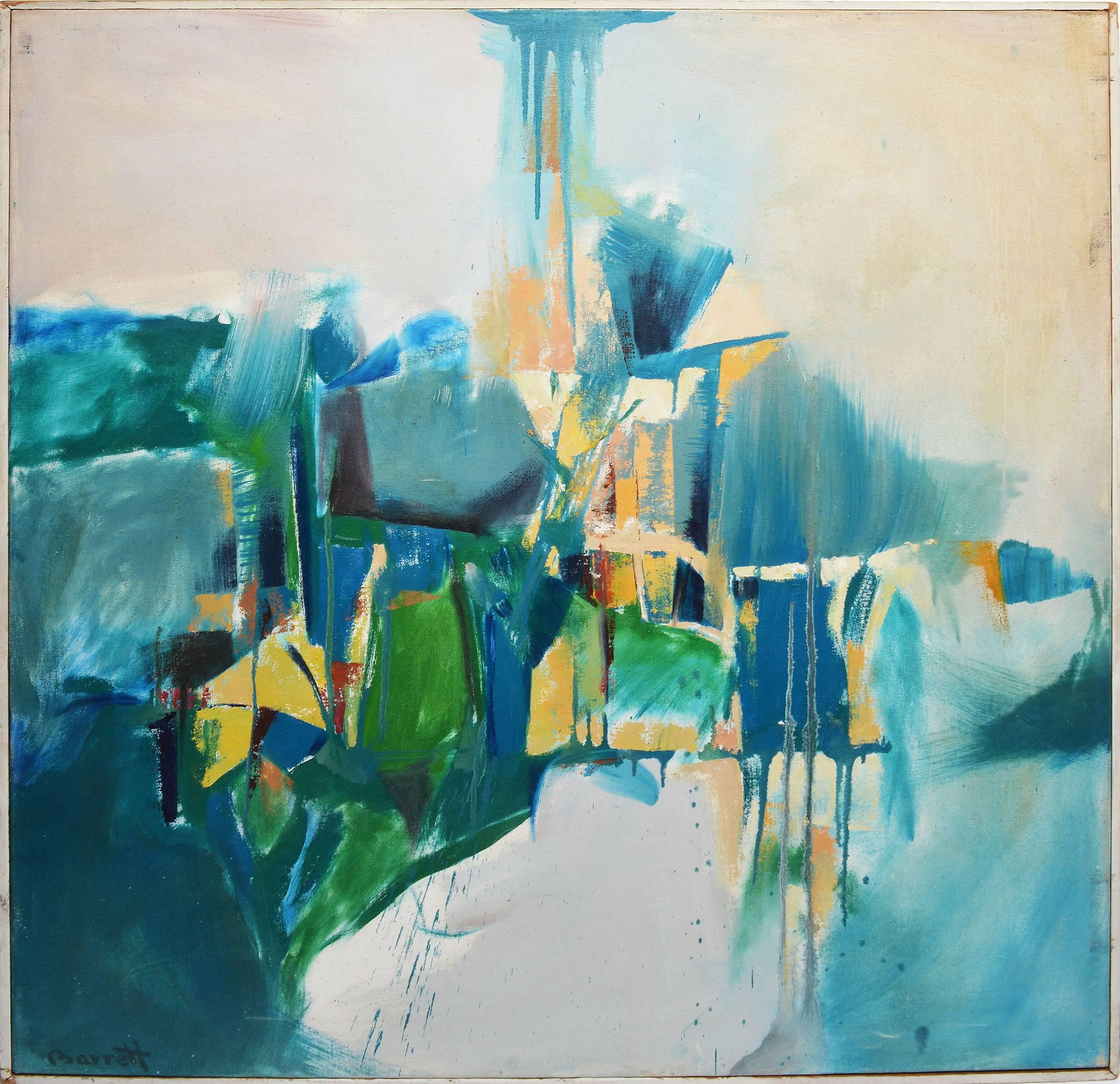 Modernist abstract oil painting.  Signed lower left, "Barrett".  Oil on canvas, circa 1950.  Displayed in a white wood modernist frame.  Image size, 39"L x 36"H, overall 40"L x 37"H.