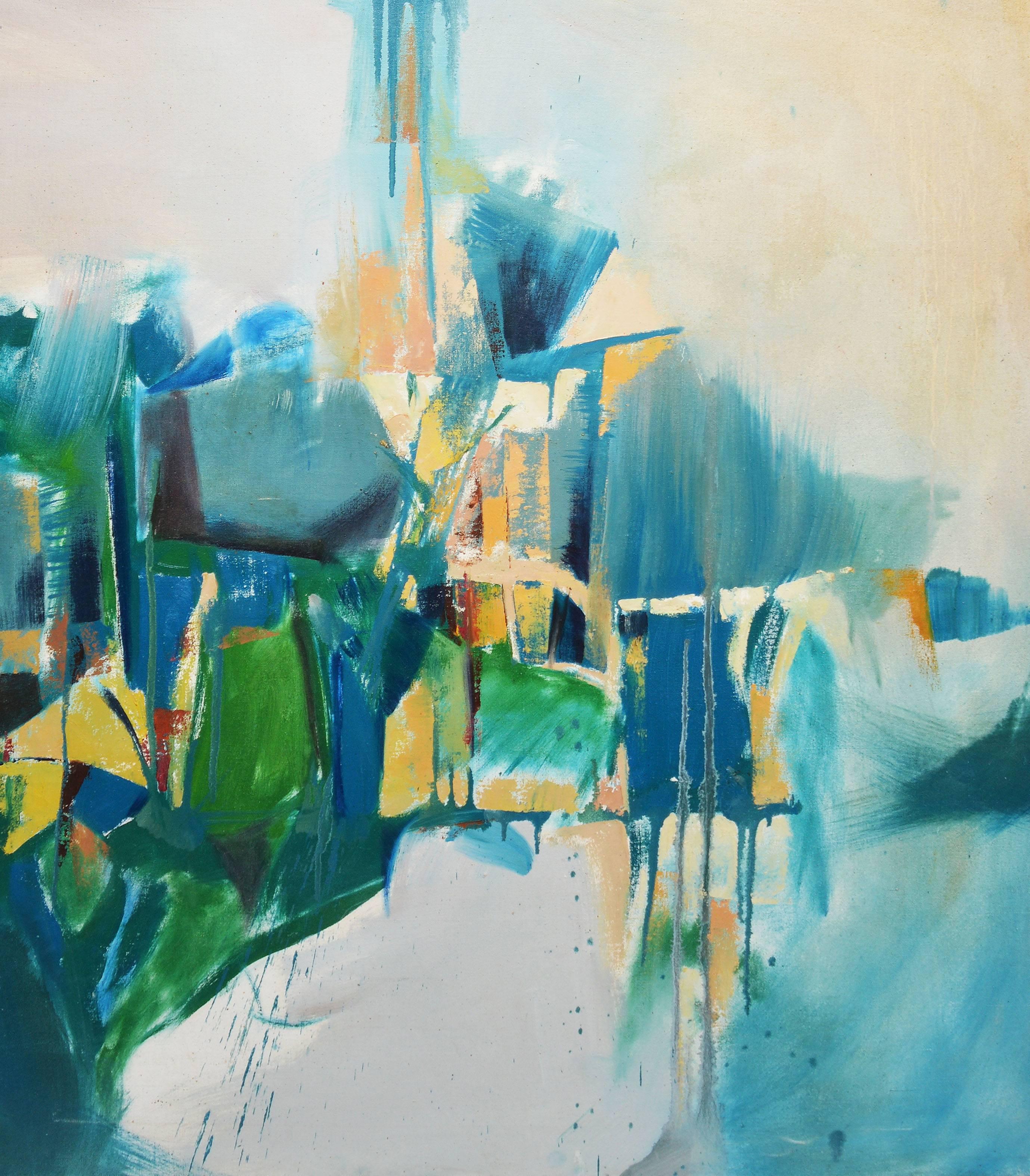 Large Abstraction in Greens, Signed Barrett - Gray Abstract Painting by Unknown