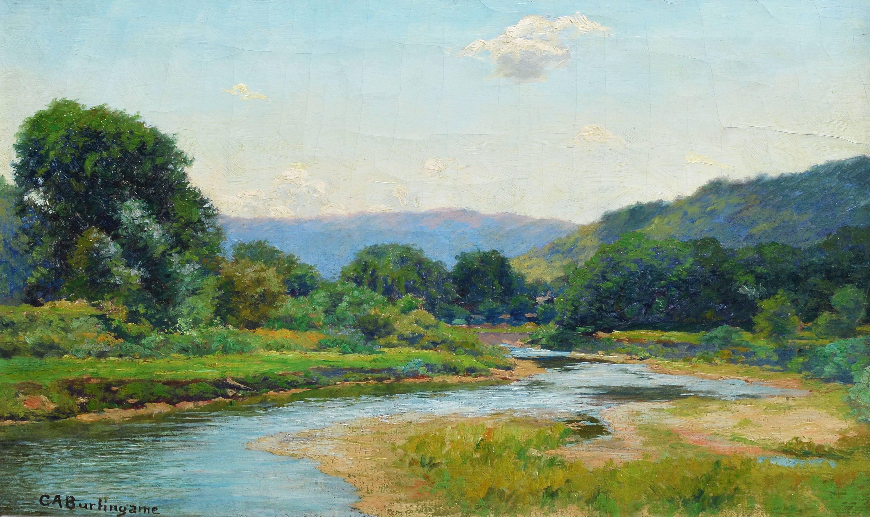 Impressionist landscape of a Trout stream by Charles Burlingame (1860-1930).  Oil on canvas, circa 1900.  Signed lower left, "C.A. Burlingame".  Displayed in a period impressionist frame.  Image size, 24"L x 16"H, overall,