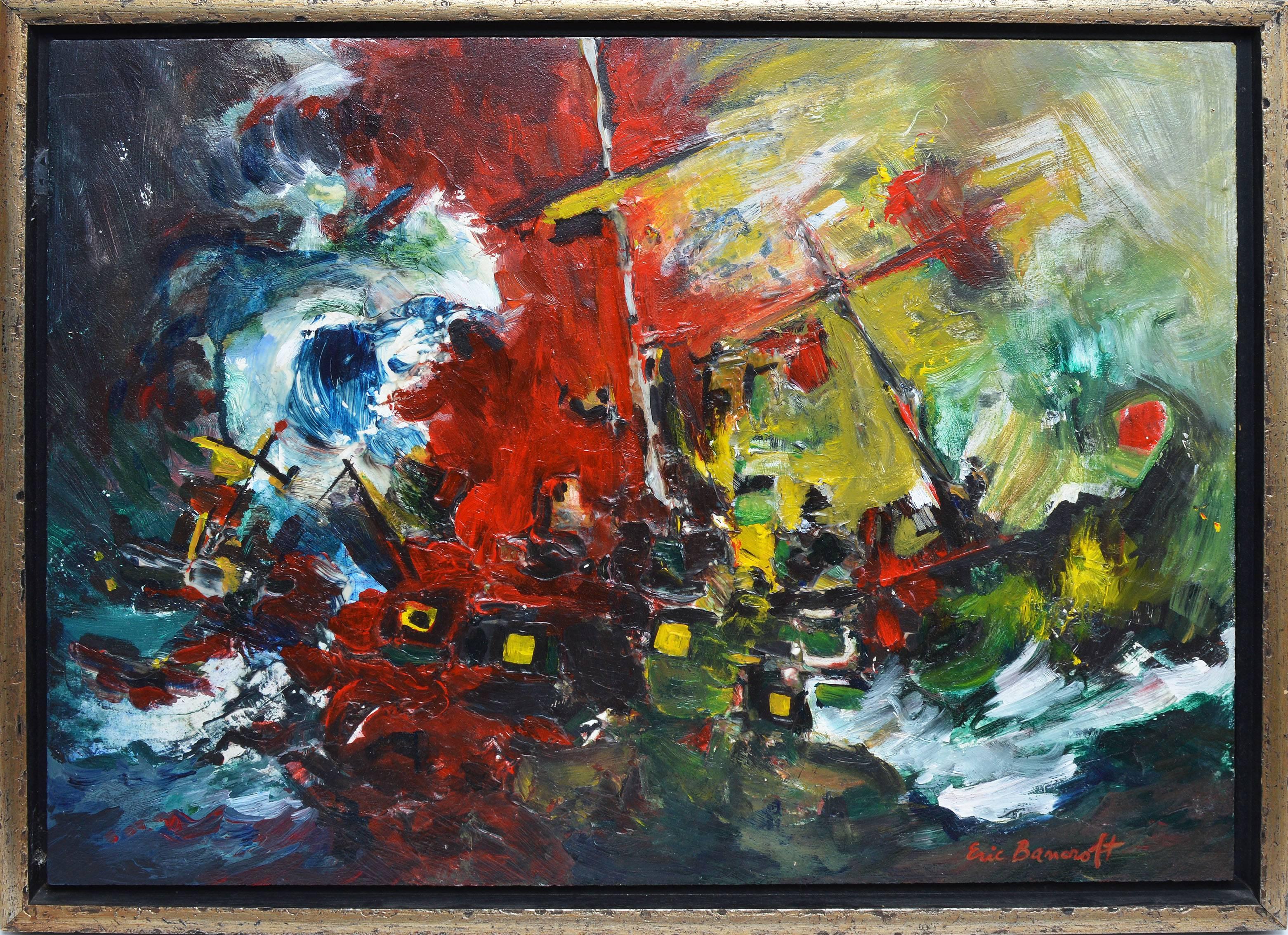 Abstract Expressionist composition by Eric Bancroft.  Titled &quot;The Lord Nelson&quot; on verso.  Oil on board, circa 1967.  Displayed in a silver modernist frame.  Image size, 24&quot;L x 18.5&quot;H, overall 26&quot;L x 20.5&quot;H.