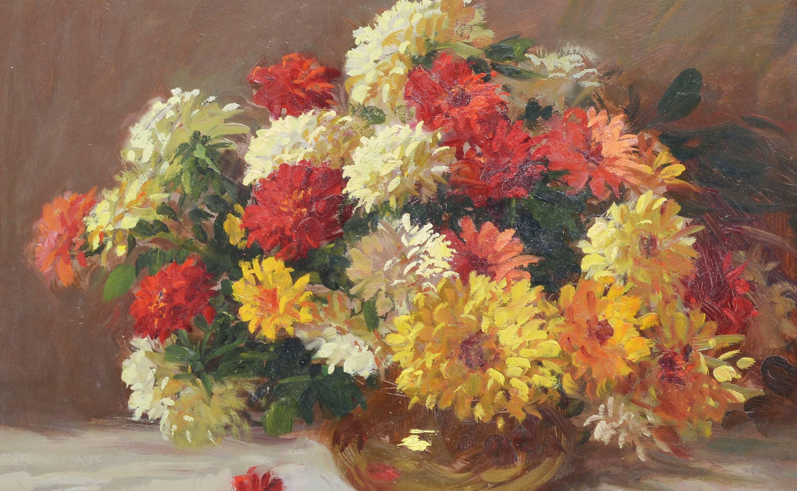 Impressionist flower still life by Rudolph Colao (1927-2014).  Oil on board, circa 1960.  Signed lower left, "R. Colao".  Displayed in a period impressionist frame.  Image size, 16"L x 12"H, overall 24"L x 20"H.