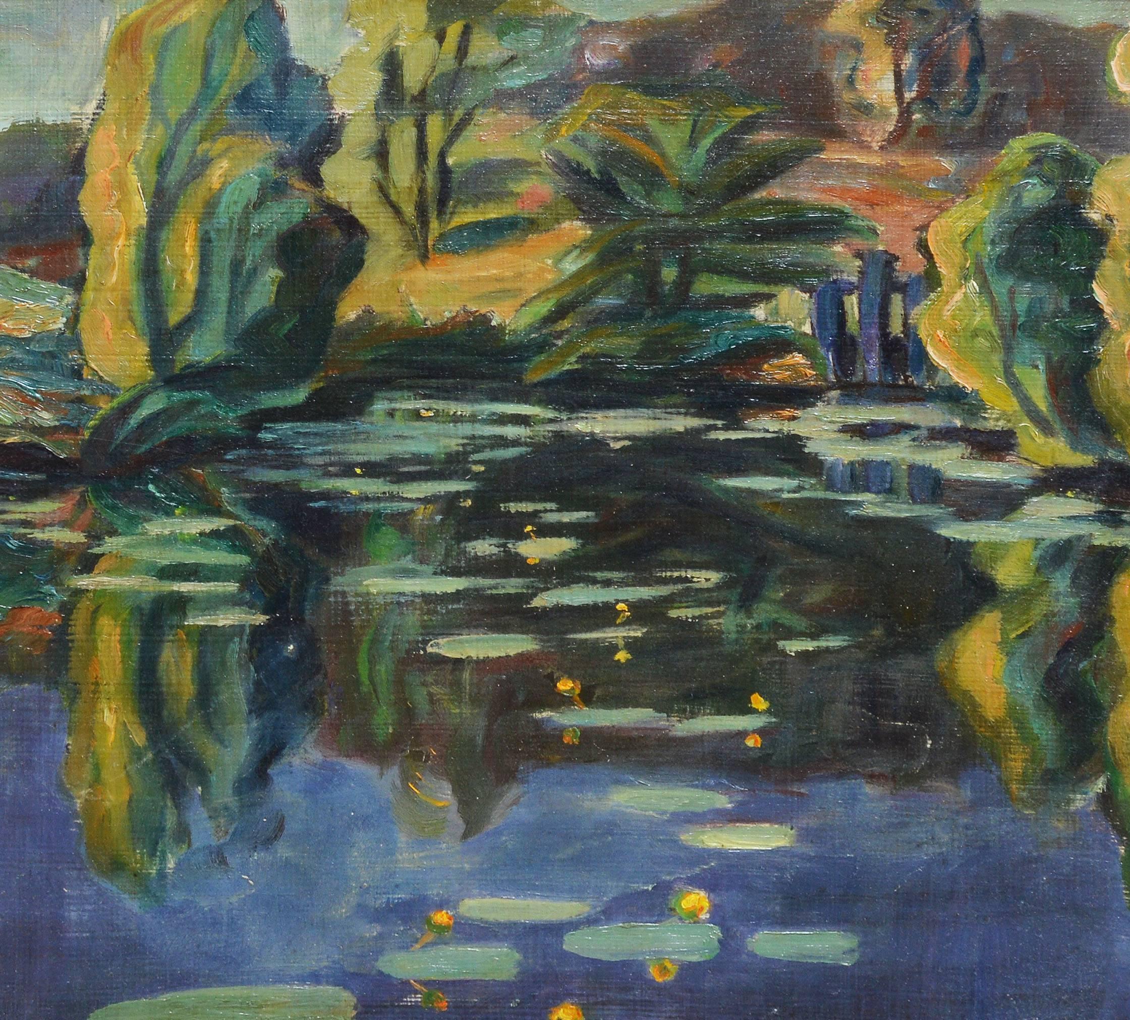 Modernist lake landscape with Lily Pads.  Oil on board, circa 1946.  Signed in monogram lower left.  Displayed in a giltwood frame.  Image size, 16"L x 13"H, overall 20.5"L x 17"H.