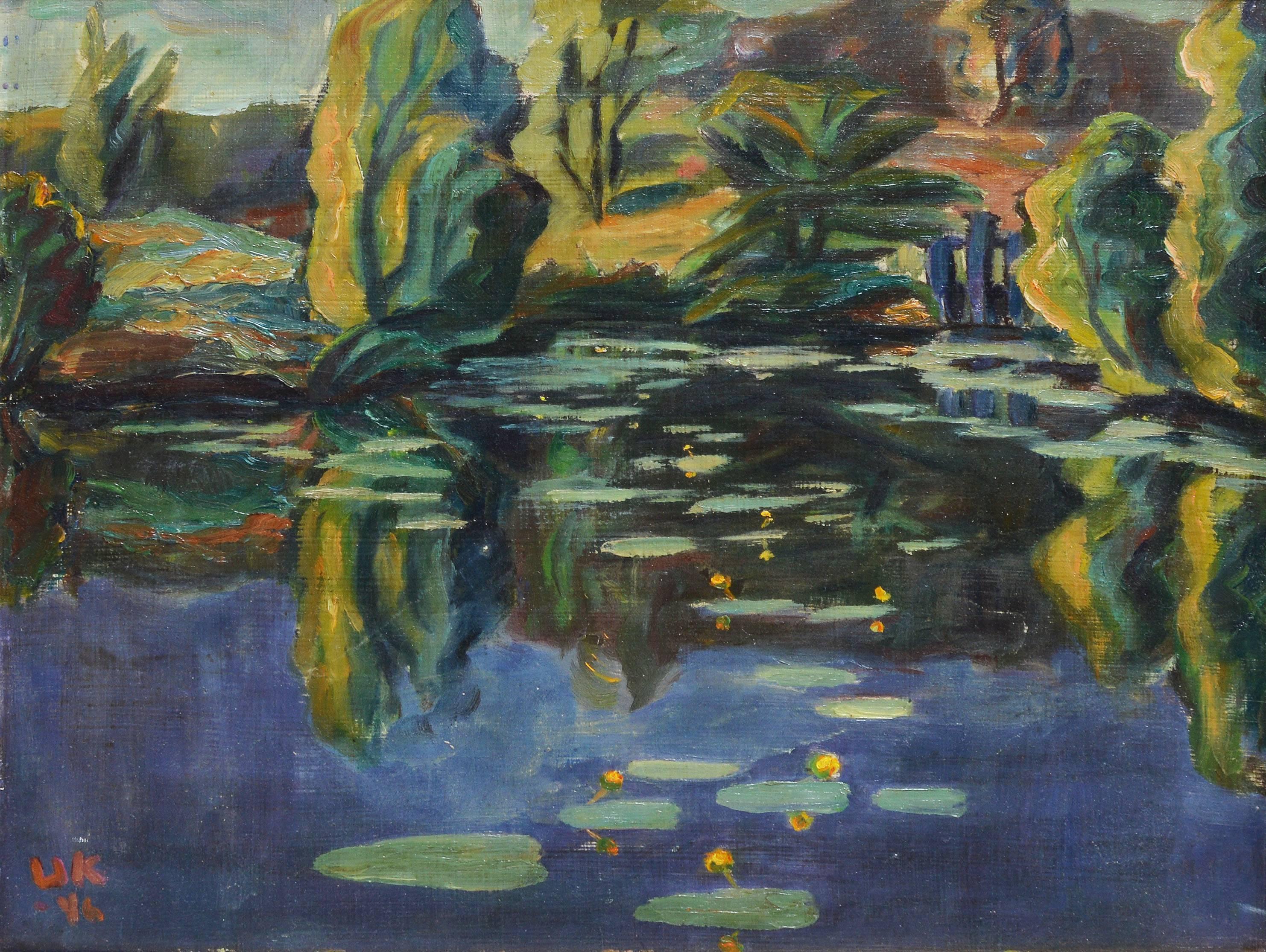 Modernist Lake Landscape with Lily Pads - Gray Landscape Painting by Unknown