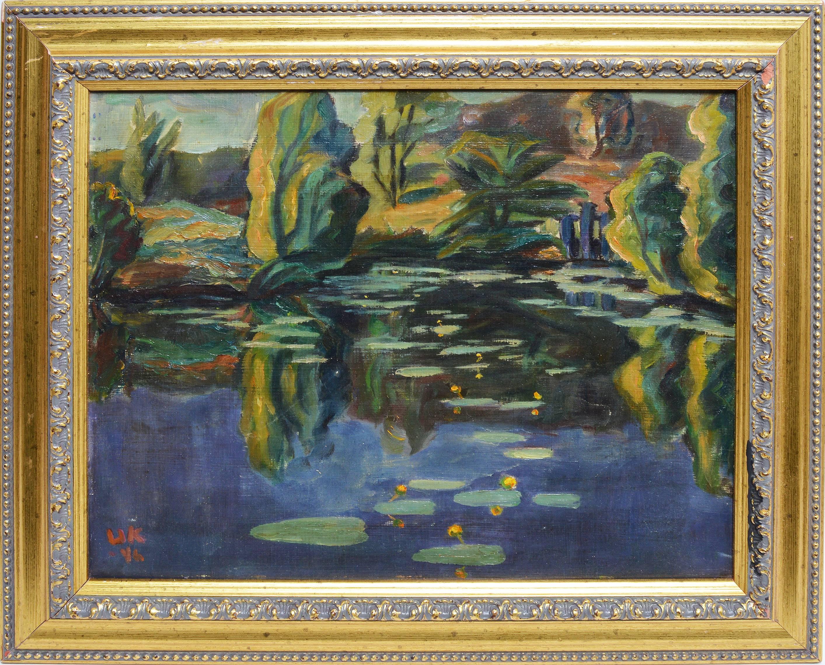 Unknown Landscape Painting - Modernist Lake Landscape with Lily Pads