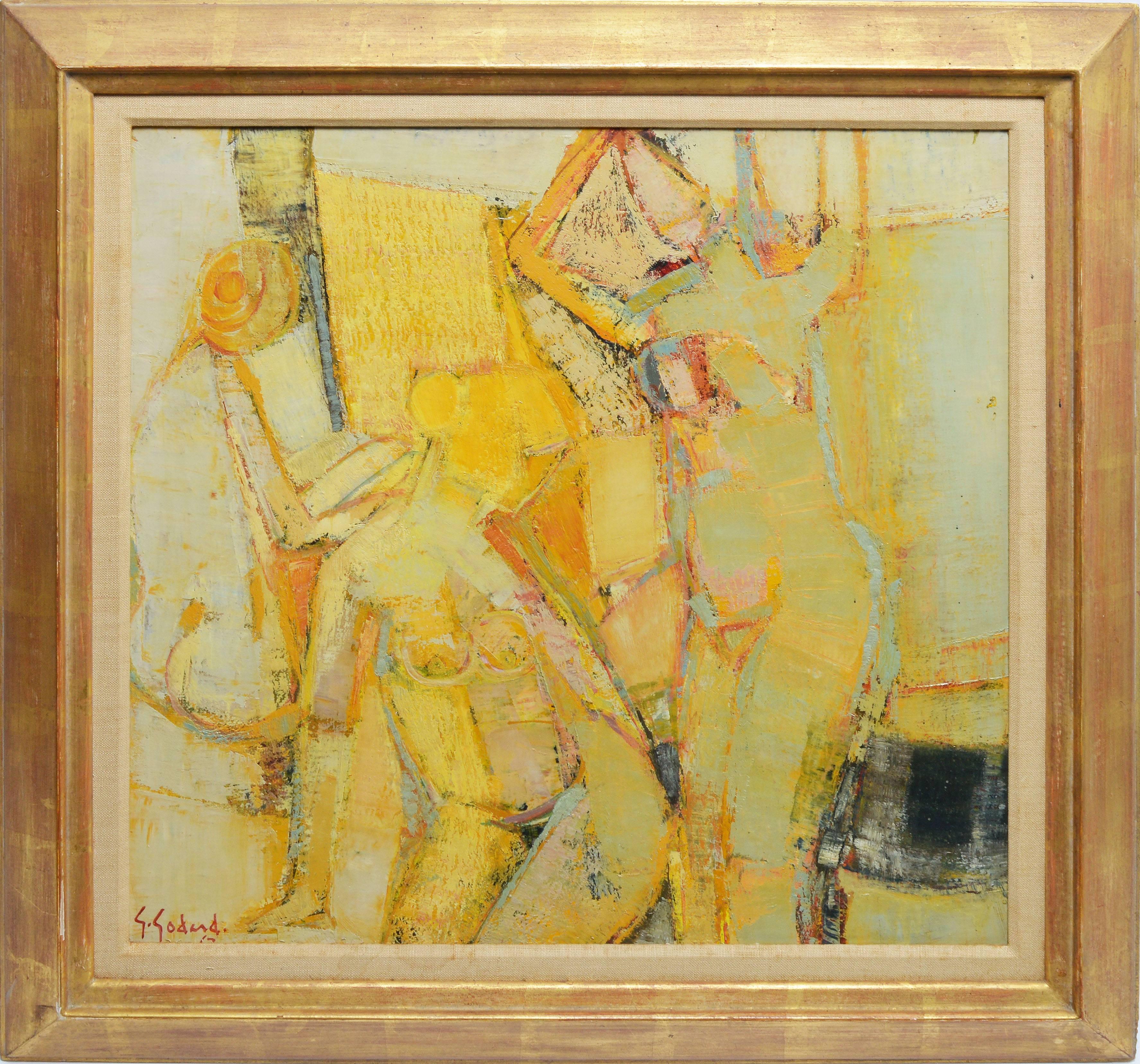 Abstract composition of women in a bath by Gabriel Godard (b.1933).  Oil on canvas, circa 1967.  Signed lower left, &quot;G. Godard&quot;.  Displayed in a giltwood frame.  Image size, 19&quot;L x 19&quot;H, overall 25&quot;L x 25&quot;H.