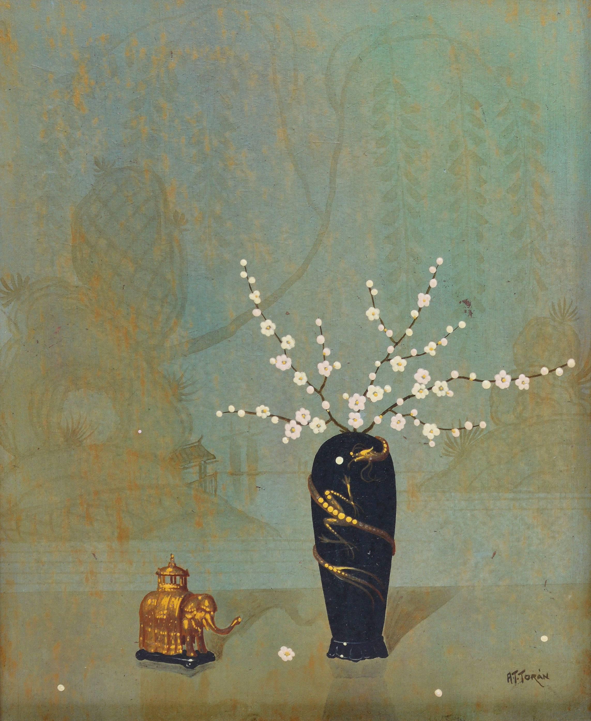 Realist still life with Japanese motifs and an elephant sculpture by Alfonso Toran (1896-1965).  Oil on board, circa 1930.  Signed lower right, "A. Toran".  Displayed in a giltwood frame.  Image size, 8"L x 10"H, overall