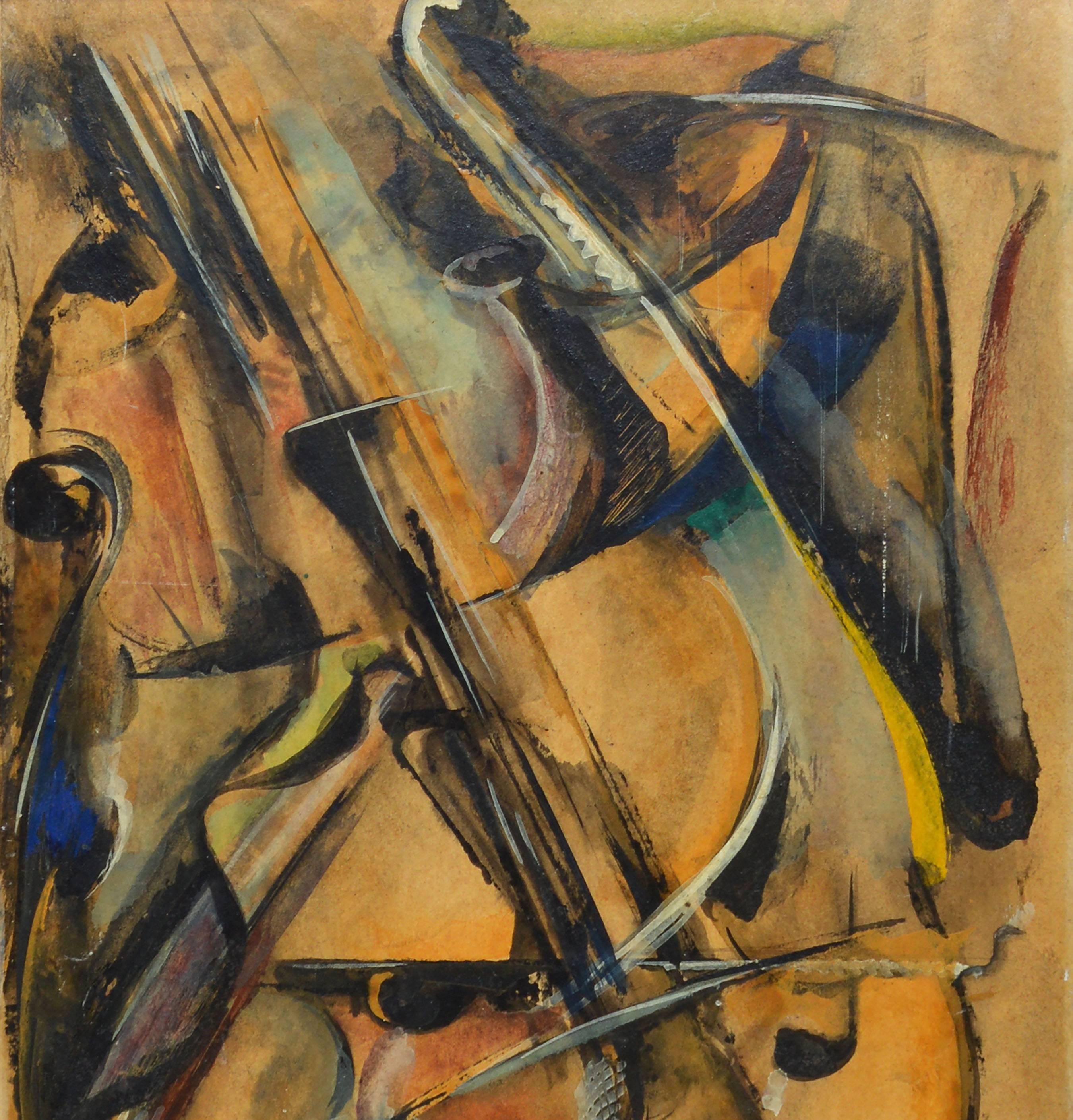 Cubist style still life painting with a violin.  Gouache and oil on board, circa 1956.  Signed in monogram lower right.  Displayed in a giltwood frame.  Image size, 9.5"L x 13"H, overall 15.5"Lx 18.5"H.