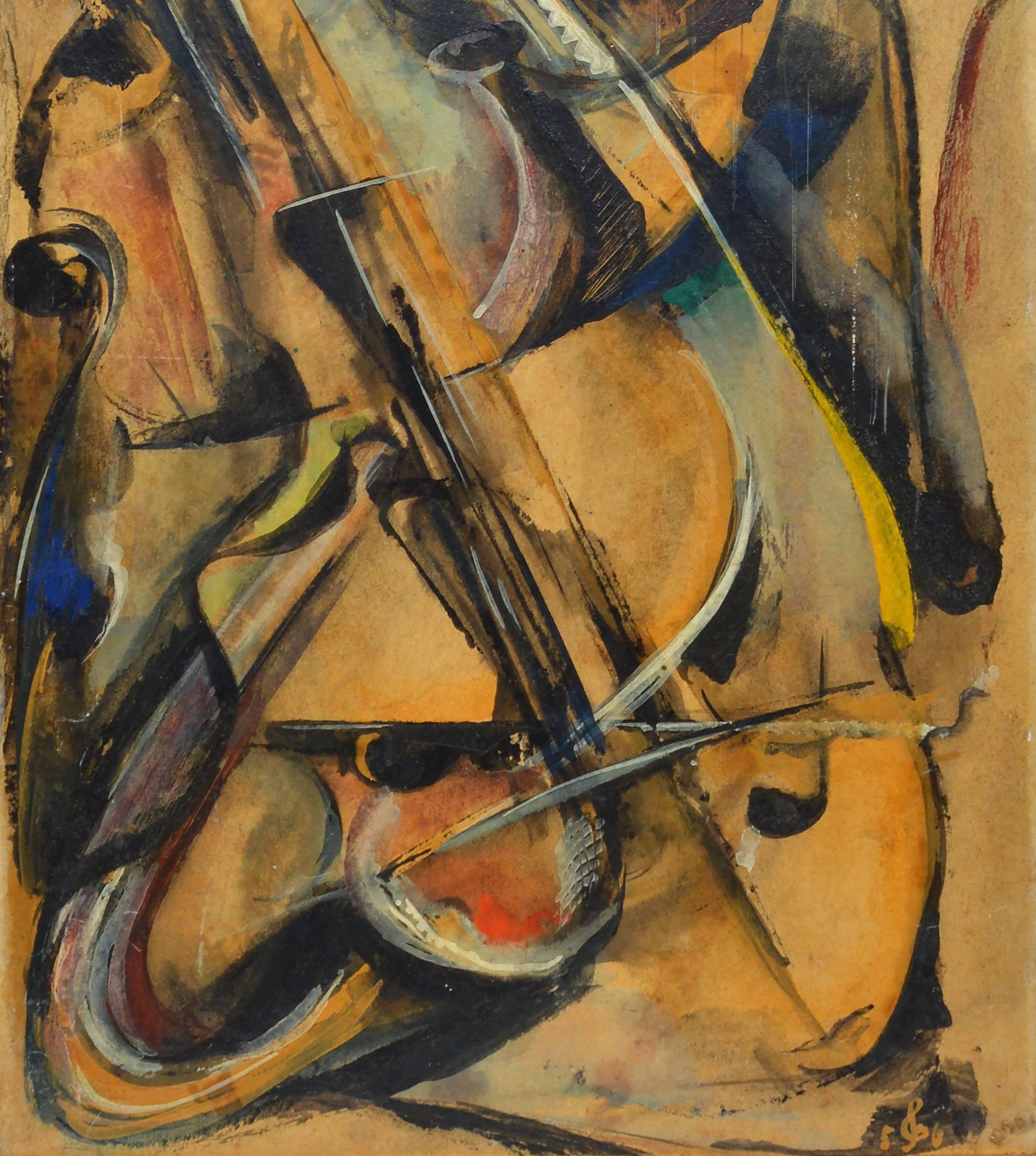 Cubist Still Life with Violin - Brown Still-Life Painting by Unknown