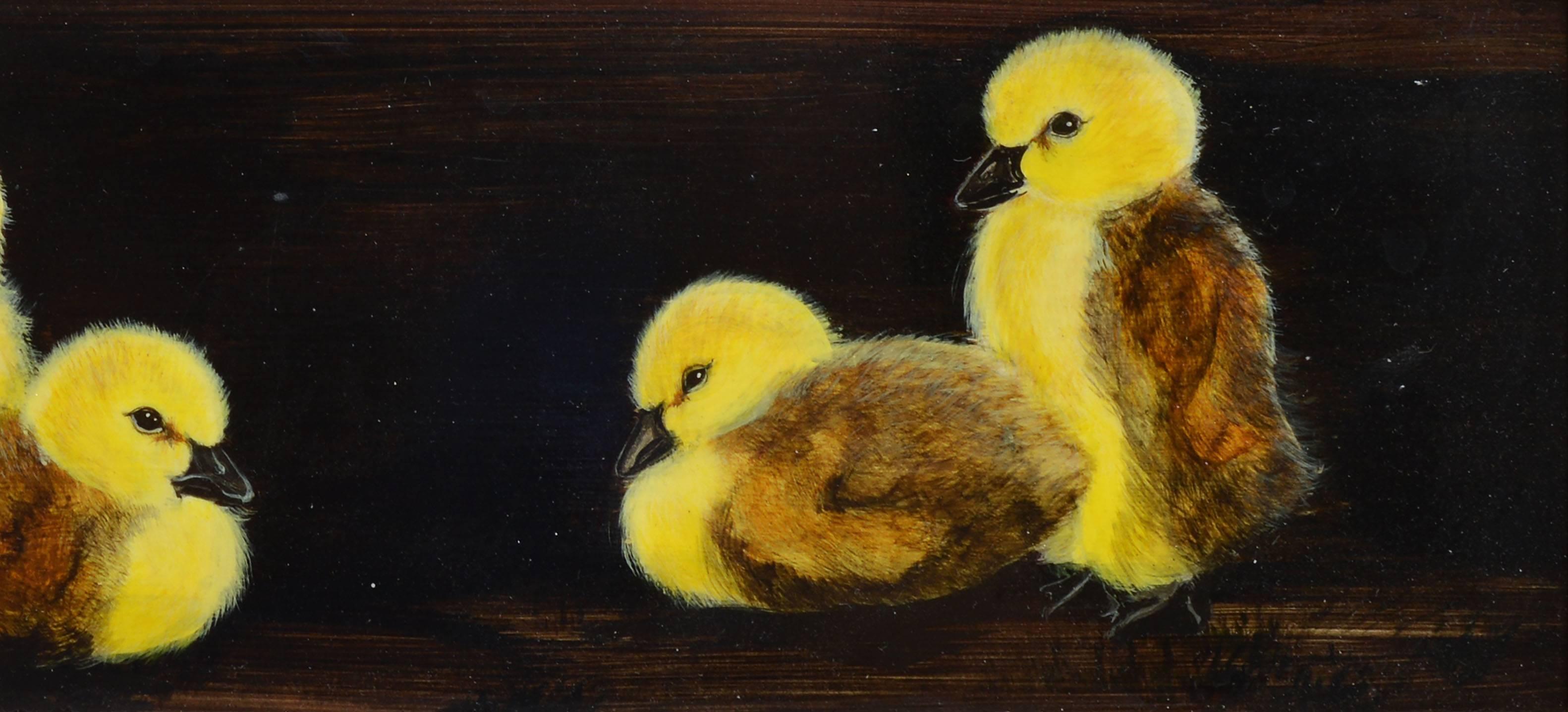 Realist portrait of chicks.  Oil on board, circa 1970.  Signed illegibly lower right.  Displayed in a giltwood frame.  Image size, 9.25"L x 3.25"H, overall 13"L x 6.5"H. 