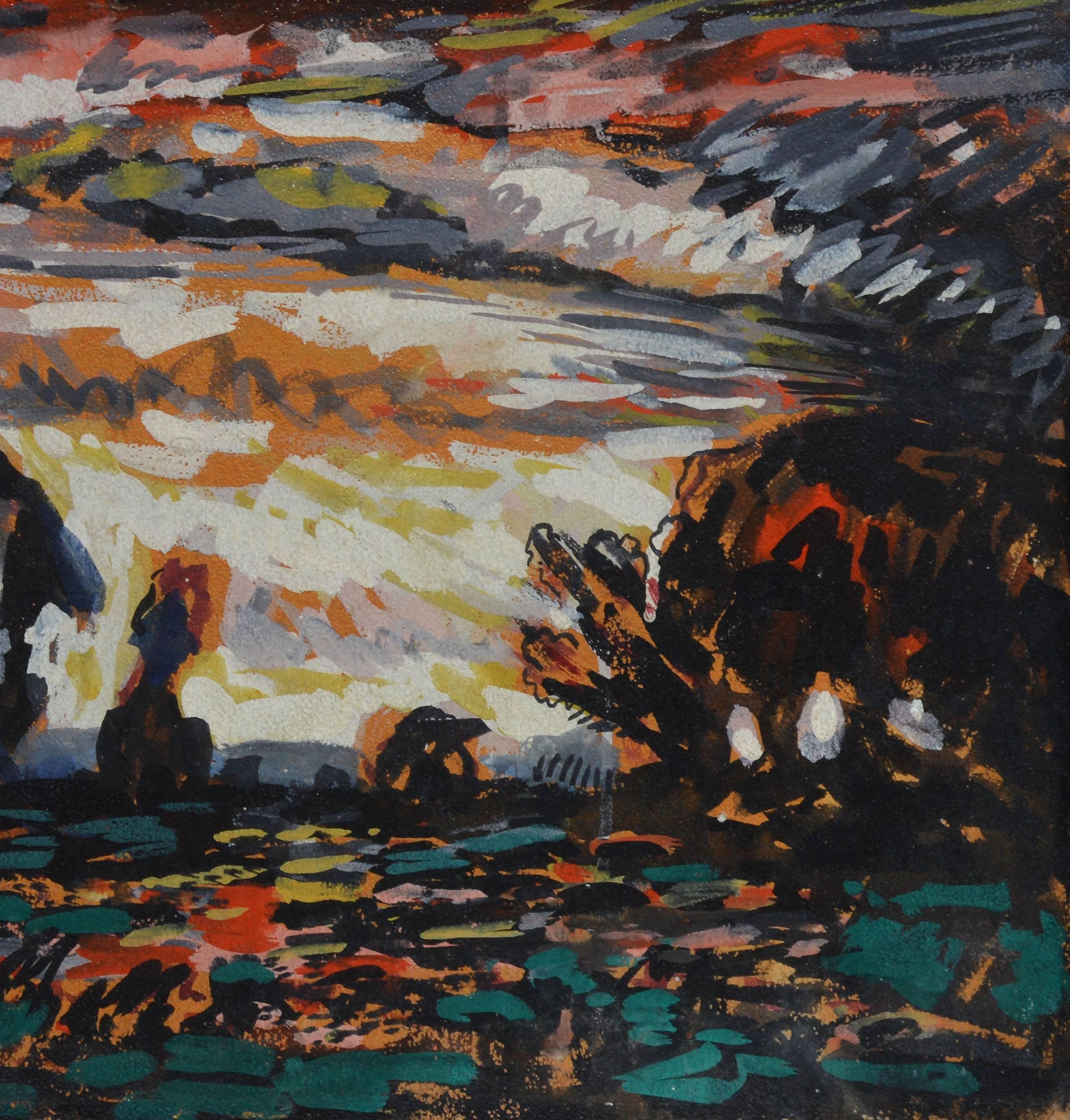 Modernist abstract landscape by Francis Focer Brown  (1891-1971).  Oil and gouache on board, circa 1940.  Signed lower left, "Francis F Brown".  Displayed in a wood frame.  Image size, 16"L x 14"H, overall 17"L x 15"H.