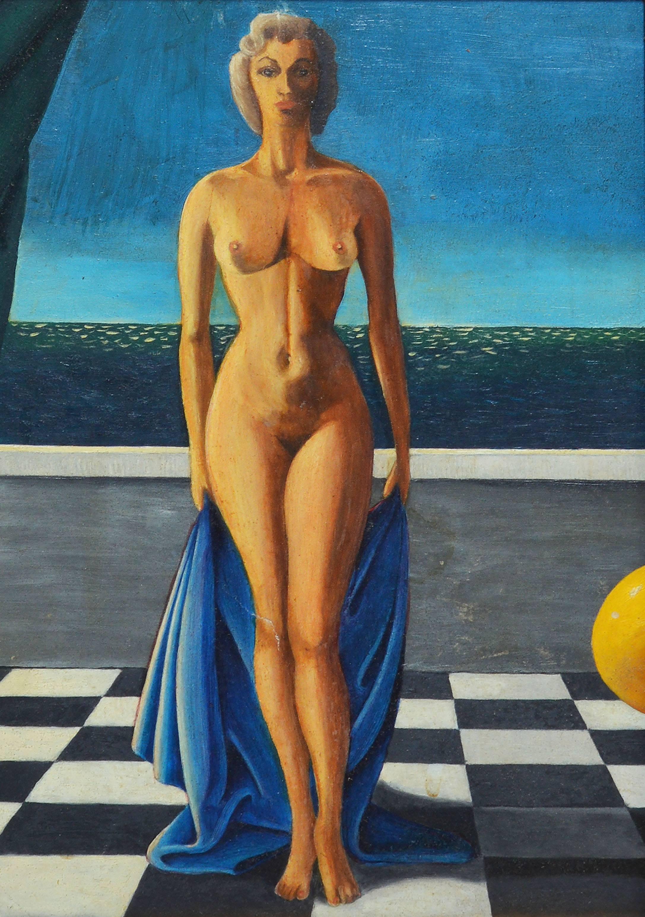 Surreal Nude Portrait by the Sea - Surrealist Painting by Unknown