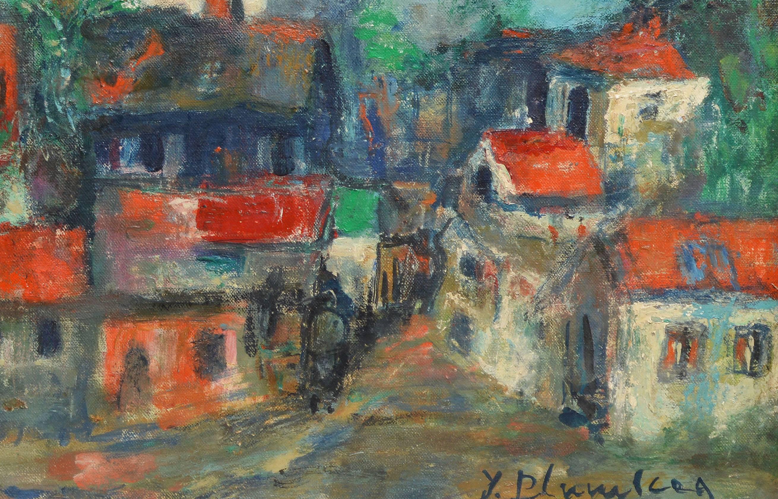 Modernist style view of a French town.  Oil on canvas, circa 1930.  Signed illegibly lower right.  Displayed in a grey modernist frame.  Image size, 14"L x 11"H, overall 17"L x 14"H.