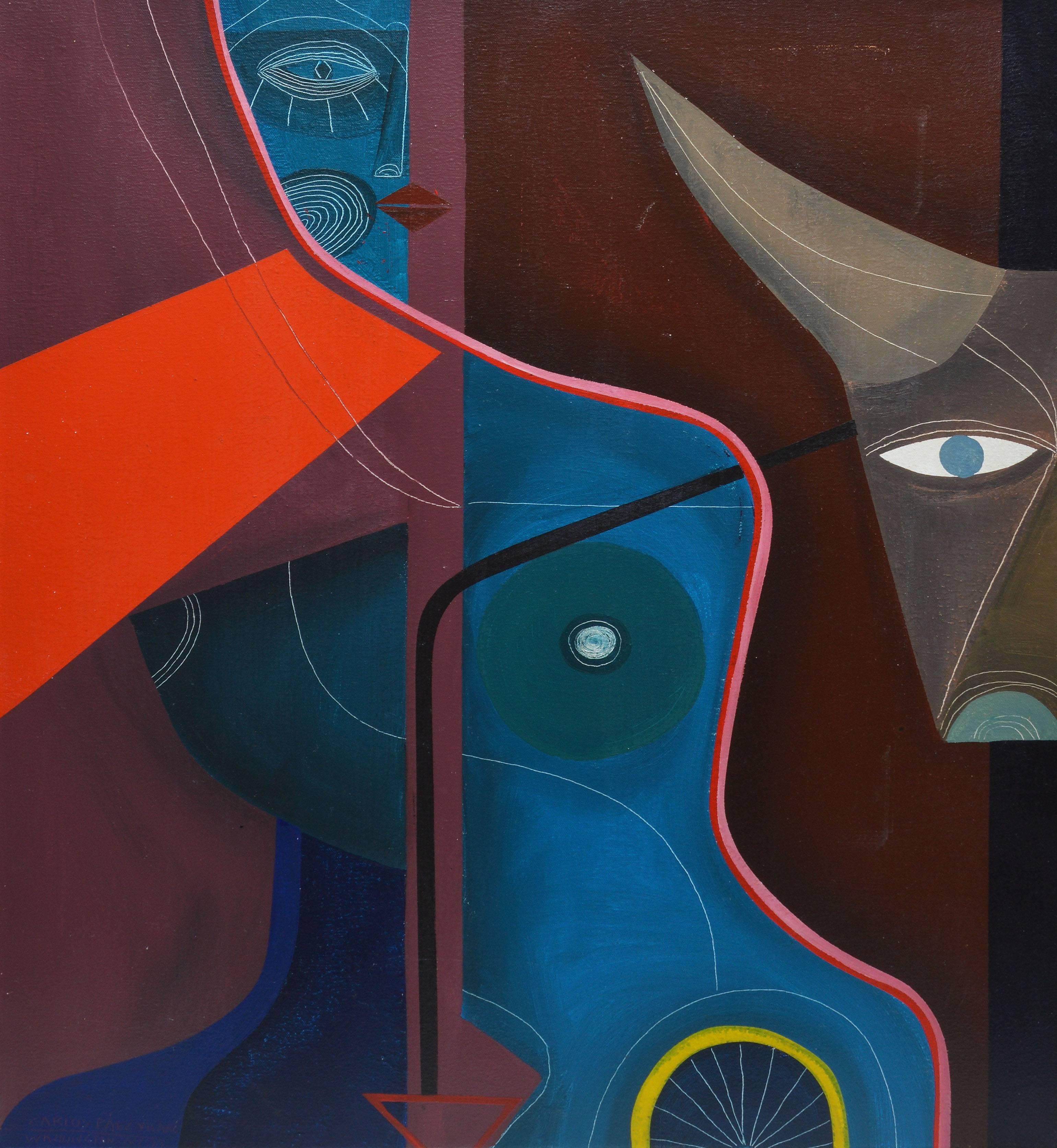 Modernist composition with a nude figure by Carlos Paez Vilaro (1923-2014).  Oil on canvas, circa 1977.  Signed lower left, "Carlos Paez Vilaro".  Displayed in a silver metal modernist frame.  Image size, 24"L x 30"H.