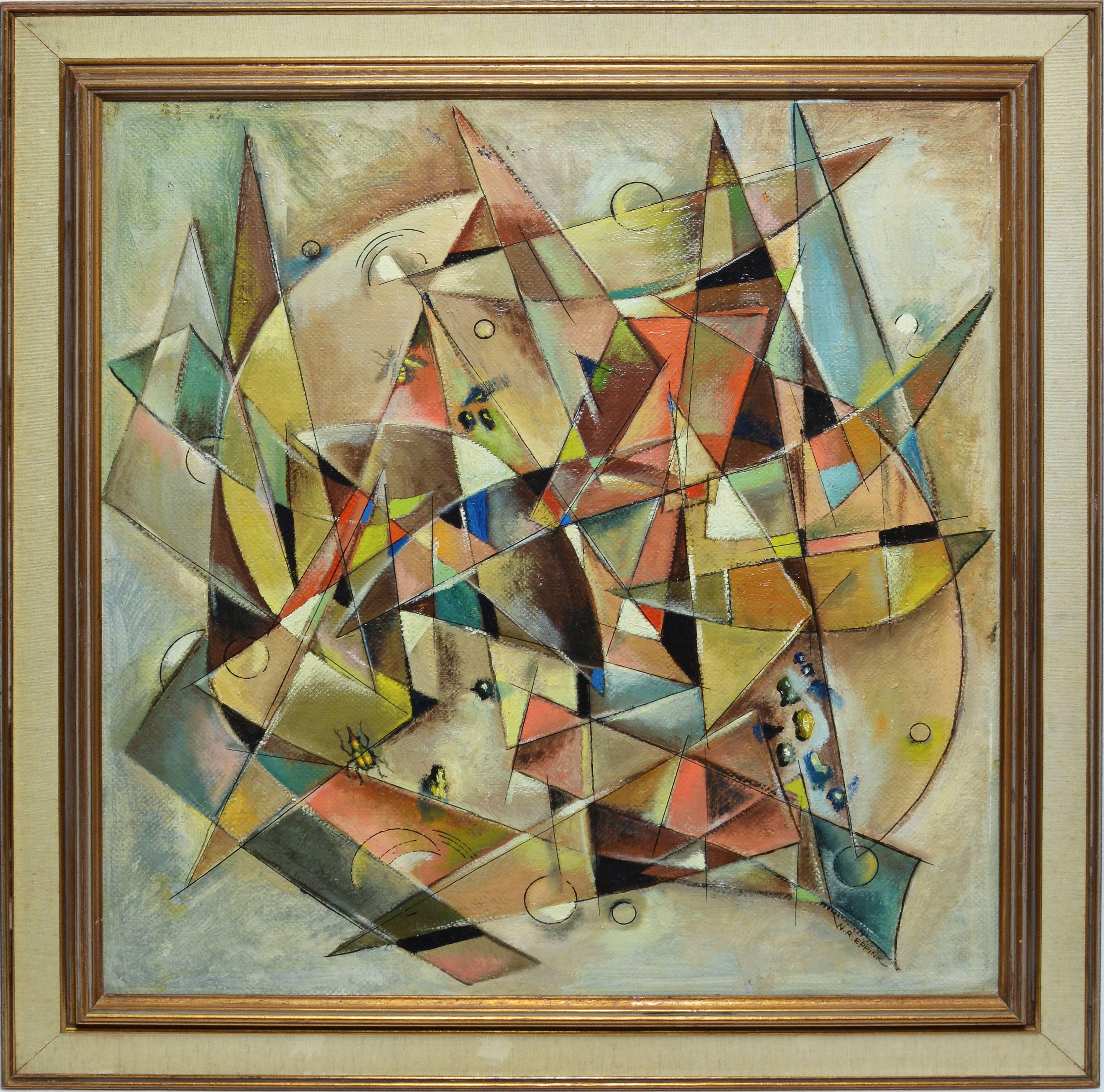 Cubist abstract still life by Norman Eppink (1906-1985).  Oil on canvas, circ 1940.  Signed lower right, &quot;N. R. Eppink&quot;.  Displayed in a grey and gold modernist frame.  Image size, 22&quot;L x 24&quot;H, overall 27&quot;L x 29&quot;H.