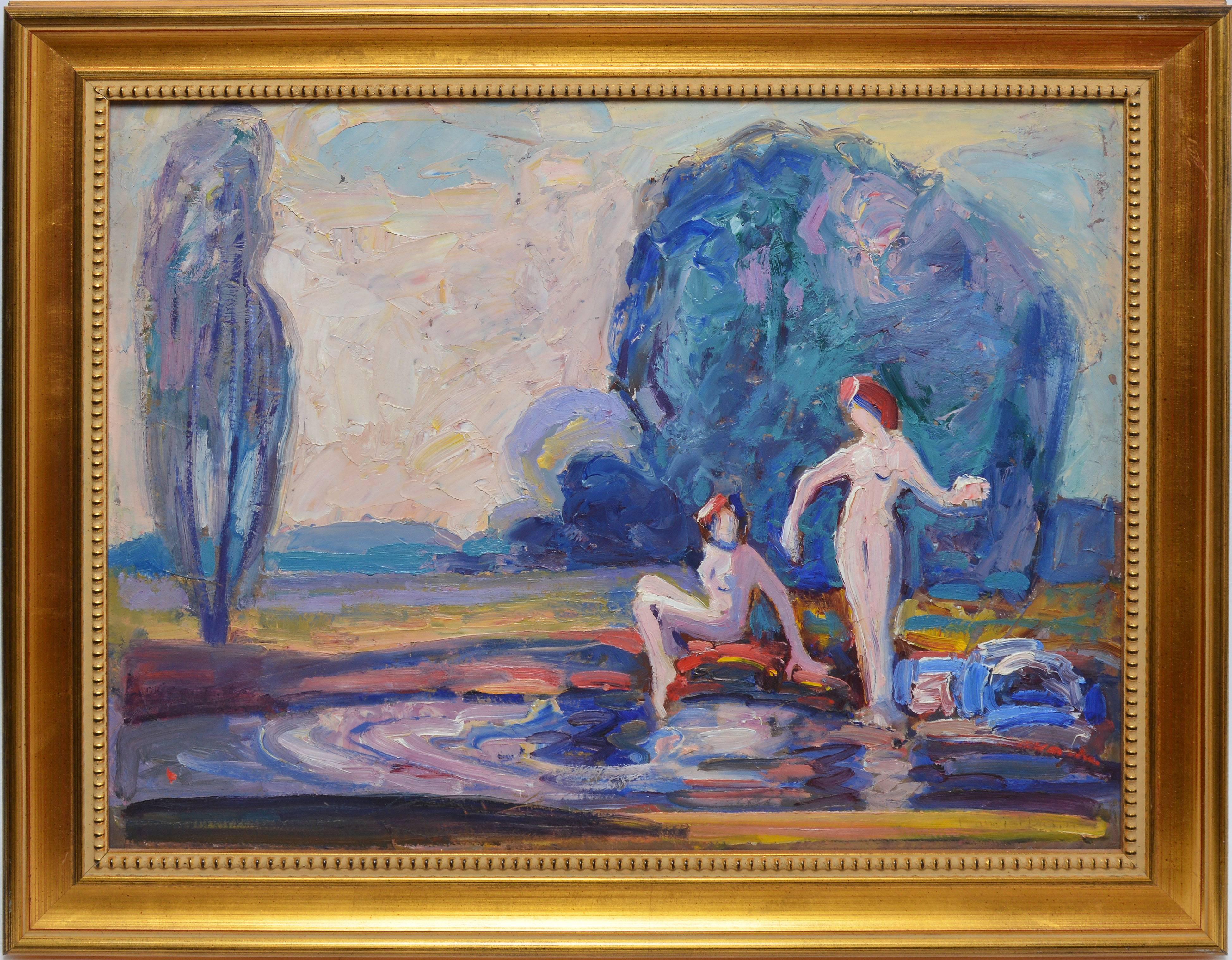 Francis Brown Nude Painting - Impressionist Landscape with Nude Figures by Francis Focer Brown