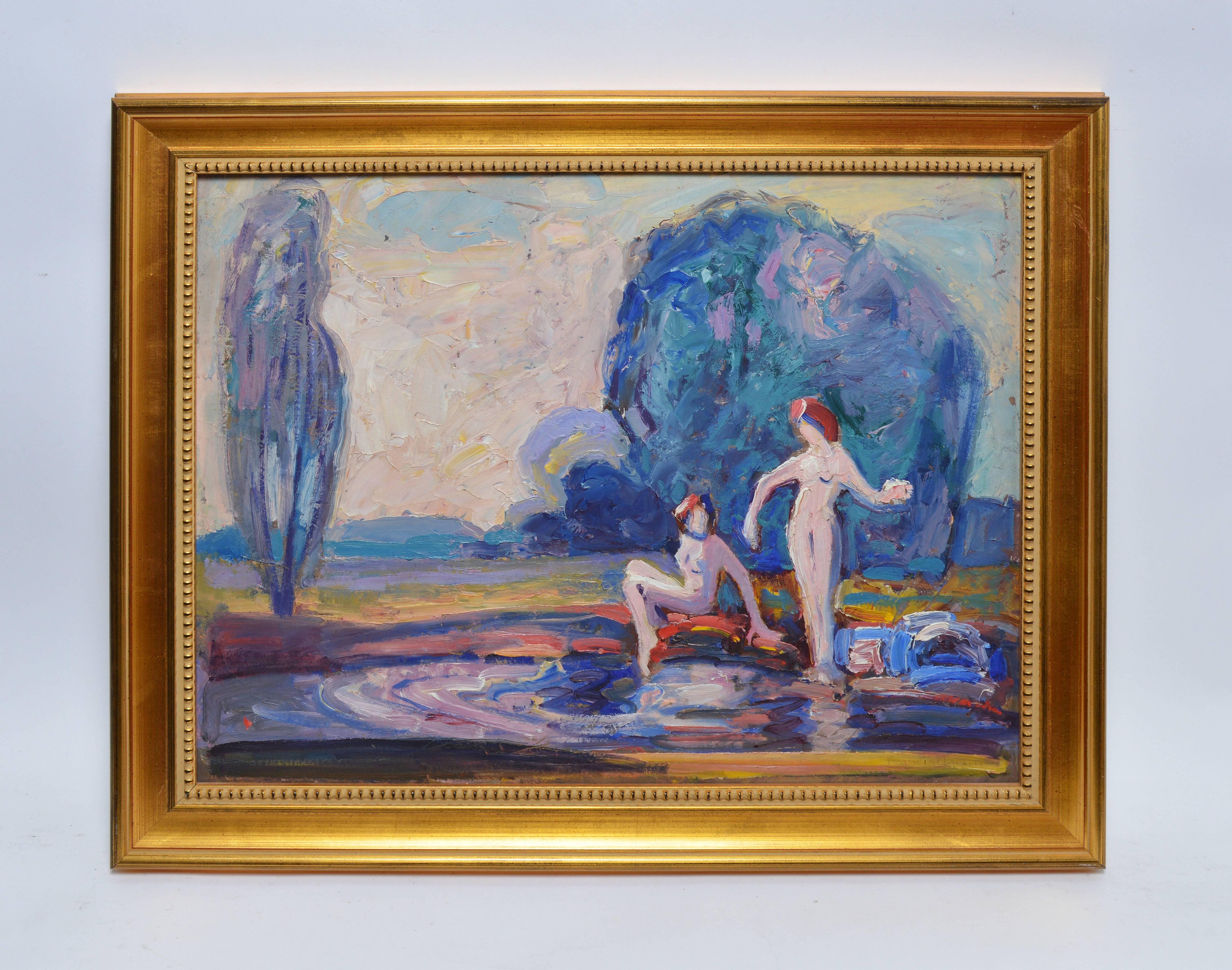 Impressionist Landscape with Nude Figures by Francis Focer Brown - Painting by Francis Brown