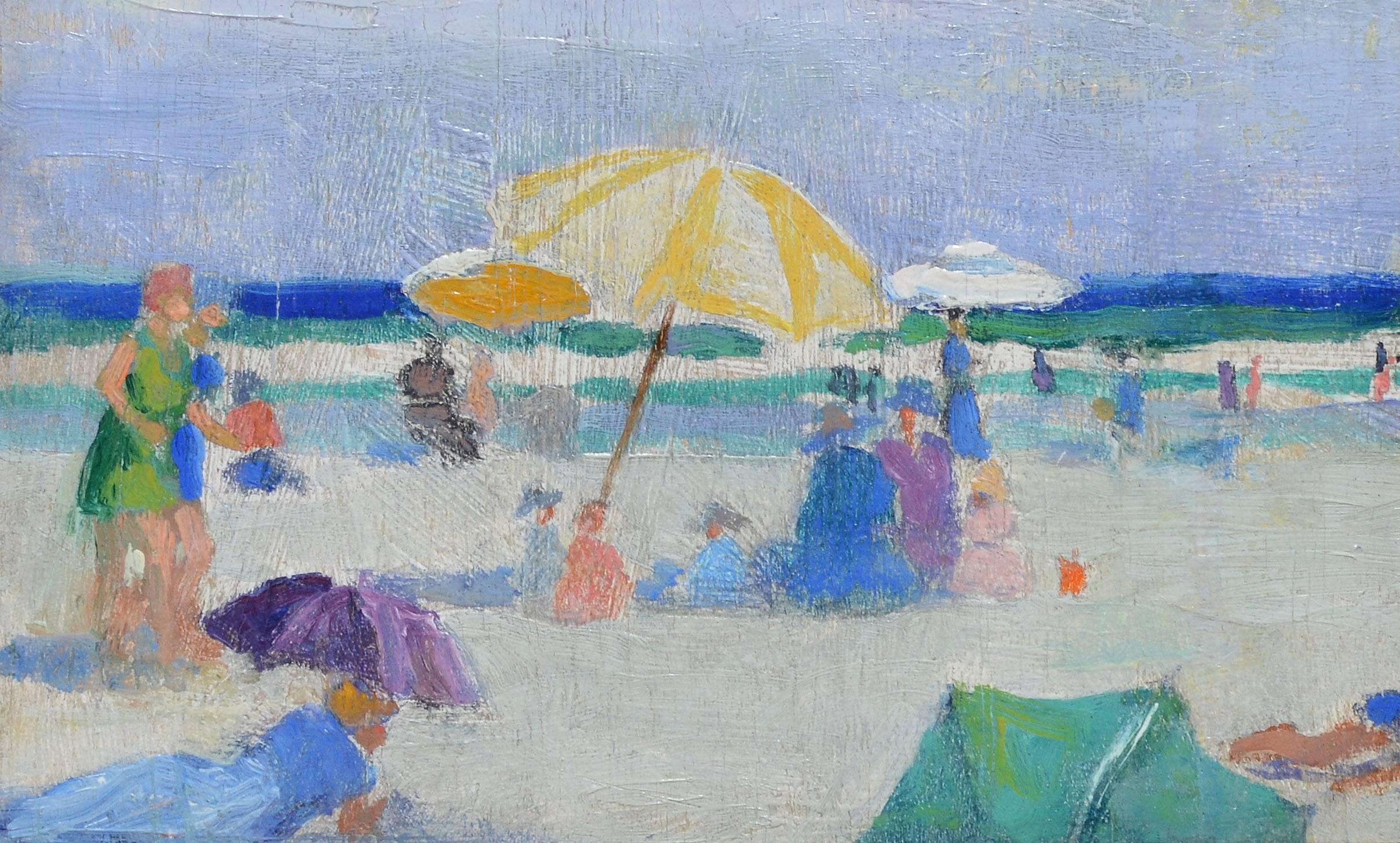 Impressionist beach scene with figures by Paulette Van Roekens (1896-1988). Oil on board, circa 1940. Signed on verso, "P. Van Roekens". Displayed in a period frame. Image size, 10"L x 8"H, overall 15"L x 13"H.
