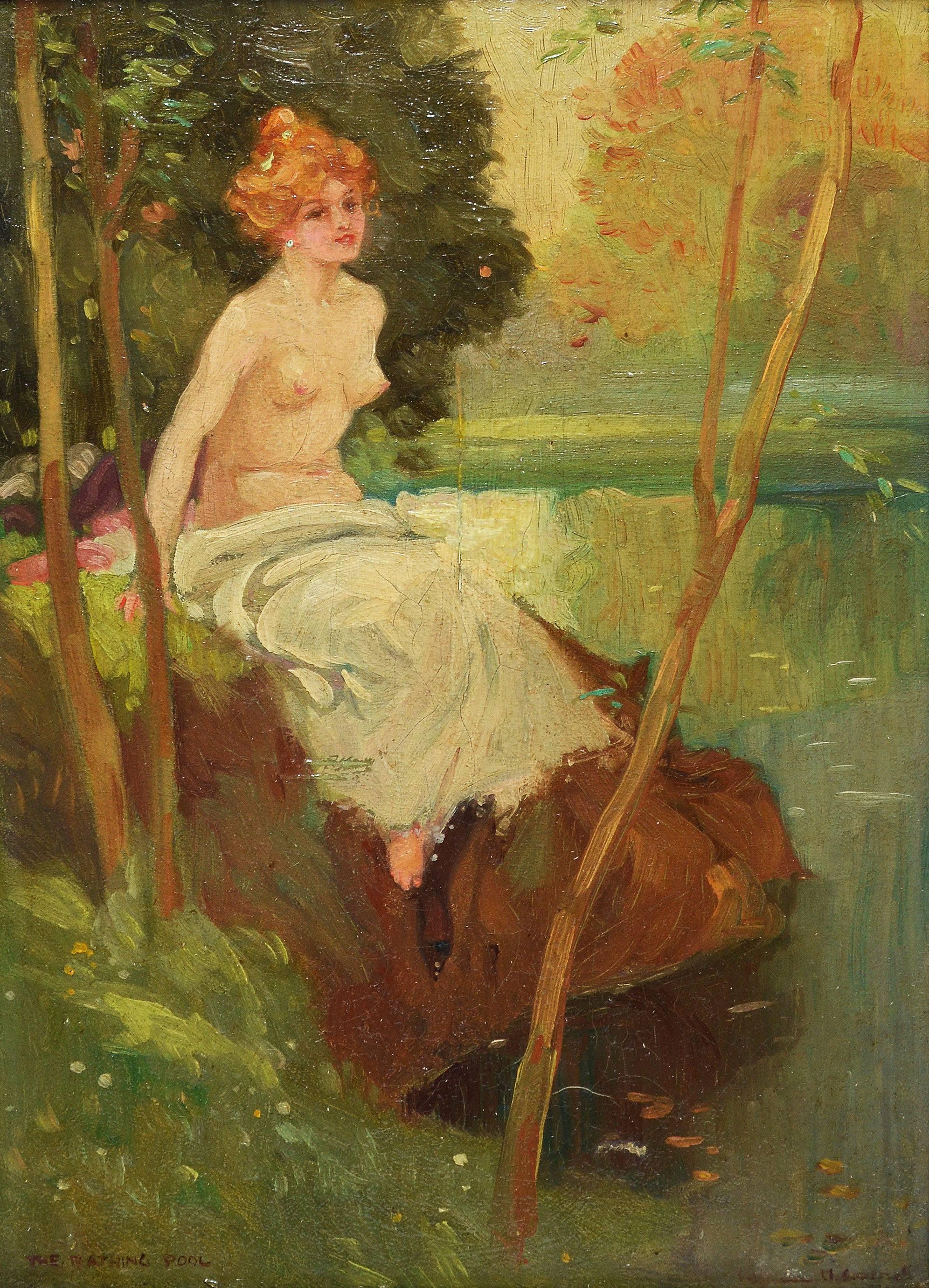 Impressionist painting of a landscape with a nude bather. Oil on canvas, circa 1890. Signed lower right, illegibly. Displayed in a period frame, some losses to the frame. Image size 8"L x 12"H, overall 12"L x 16"H.
