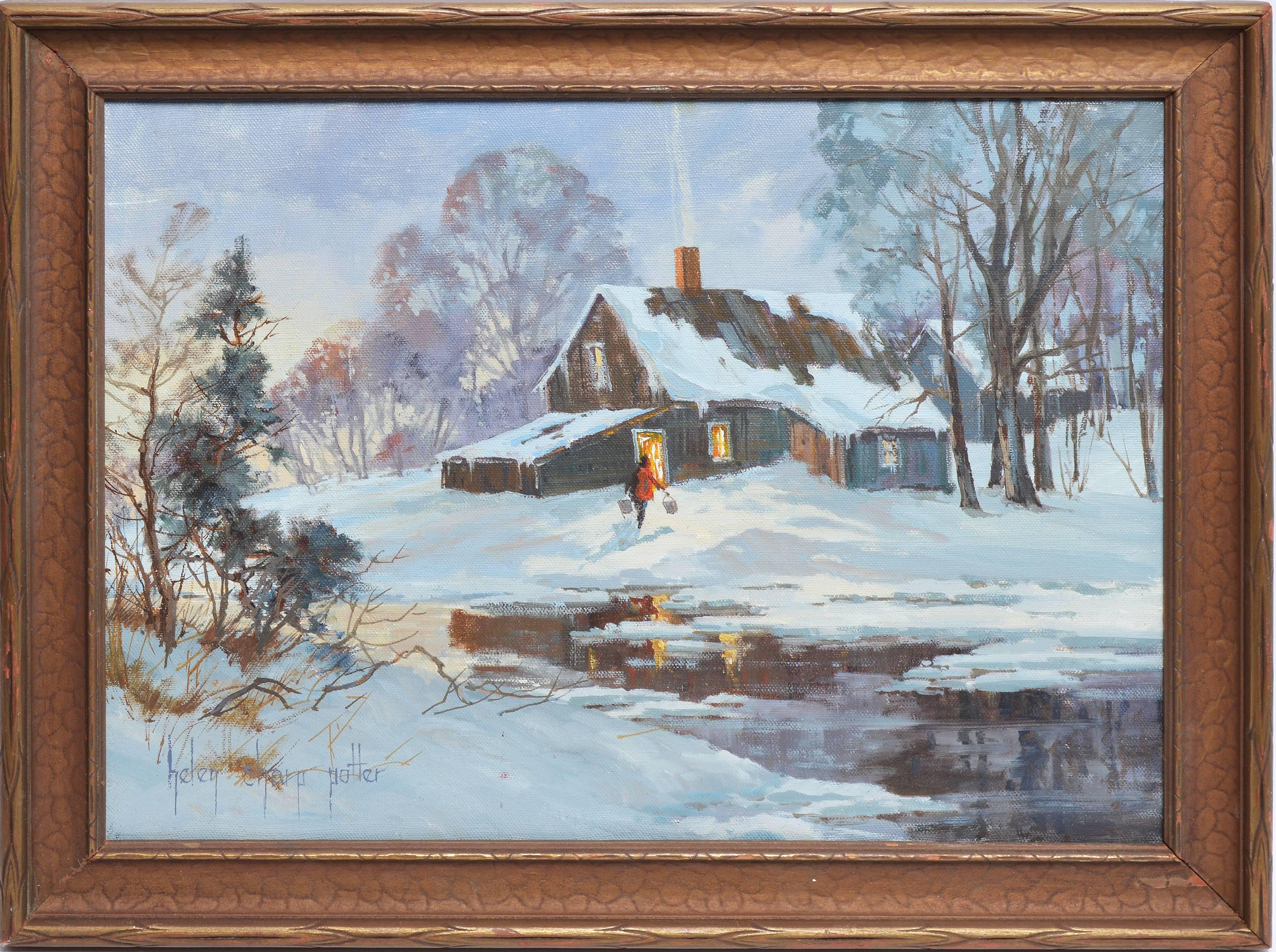 Helen Sharp Potter Landscape Painting - Winter Cabin Landscape