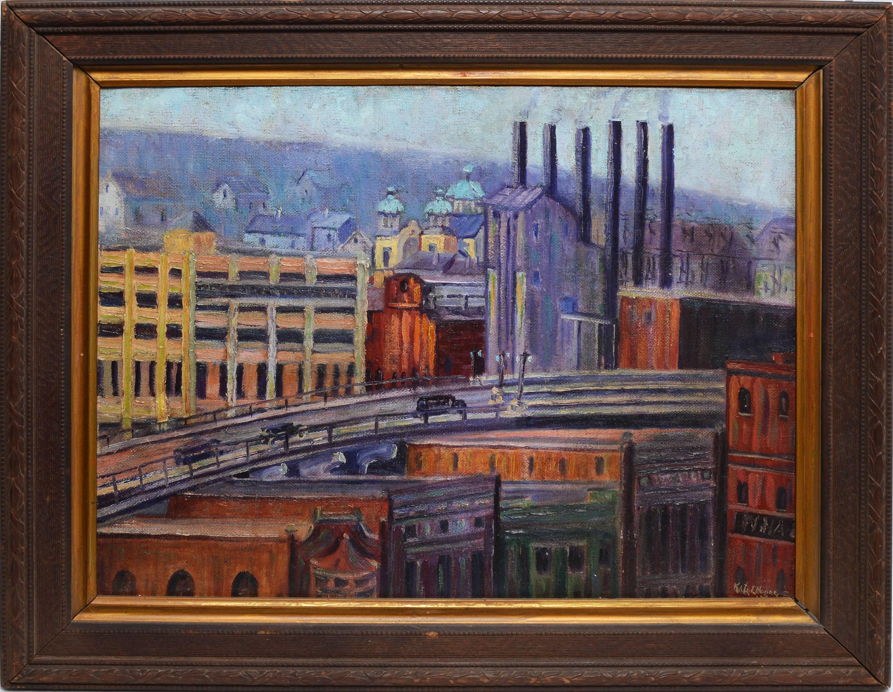 Kate L. Hogue Landscape Painting - Modernist view of Pittsburgh by Kate Hogue