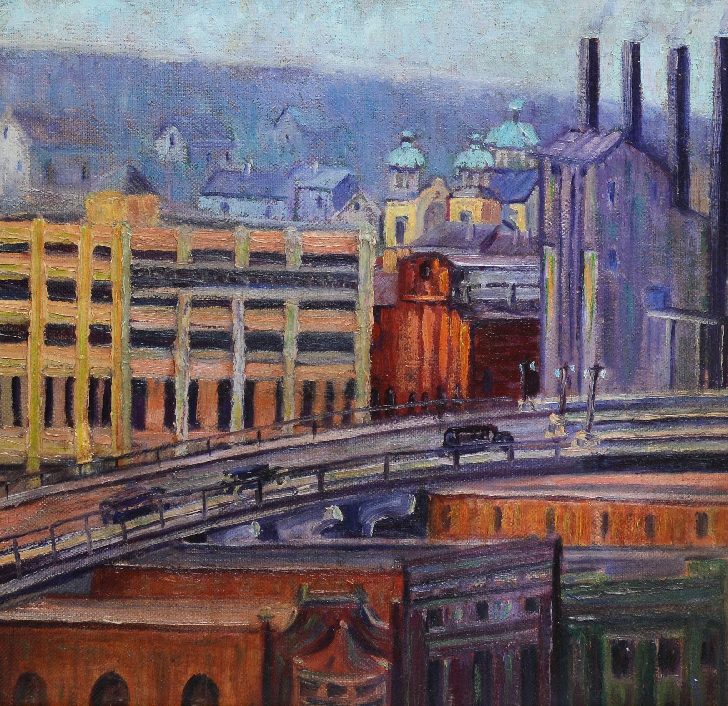 Modernist view of Pittsburgh by Kate Hogue - Black Landscape Painting by Kate L. Hogue