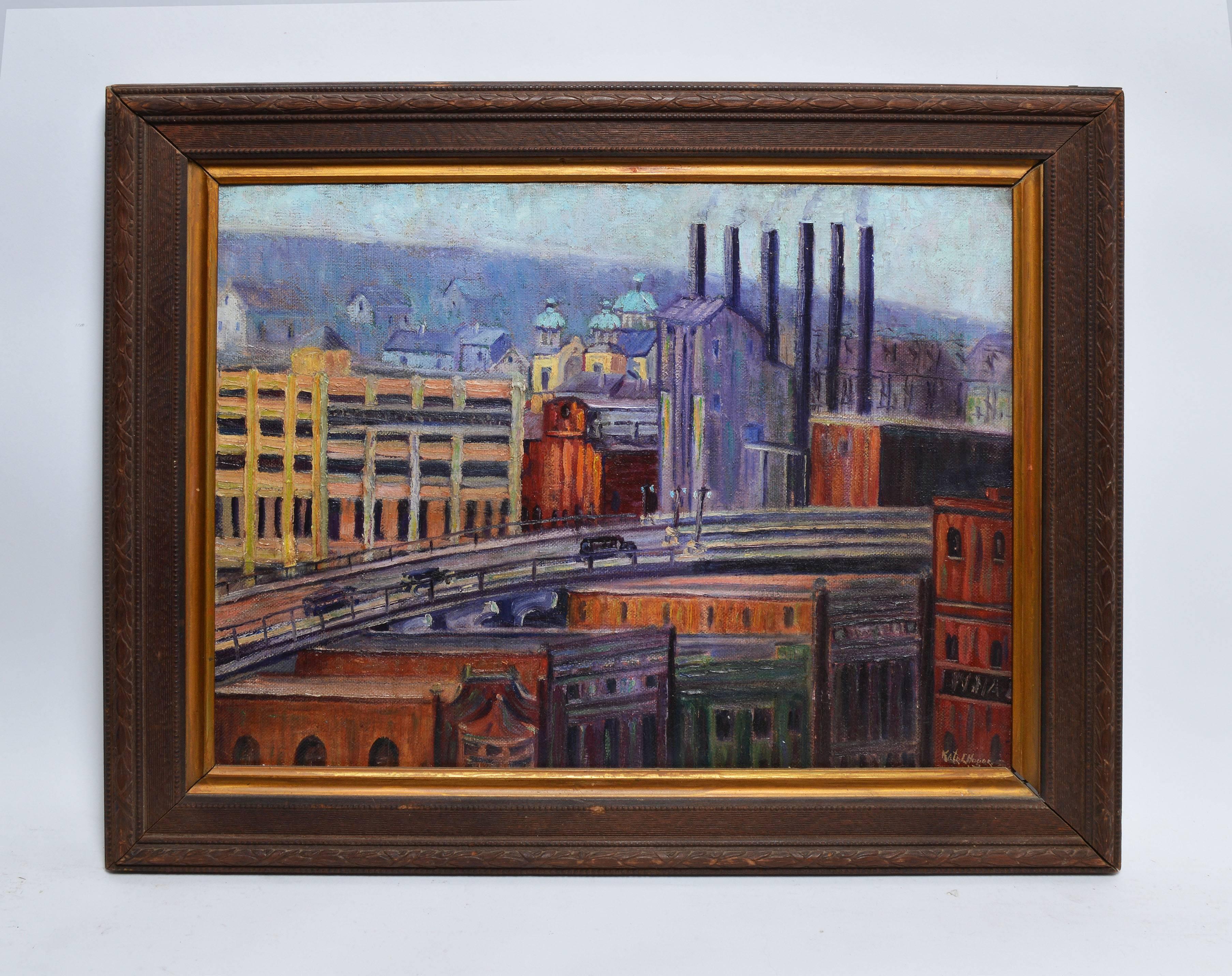 Modernist view of Pittsburgh by Kate Hogue - Painting by Kate L. Hogue