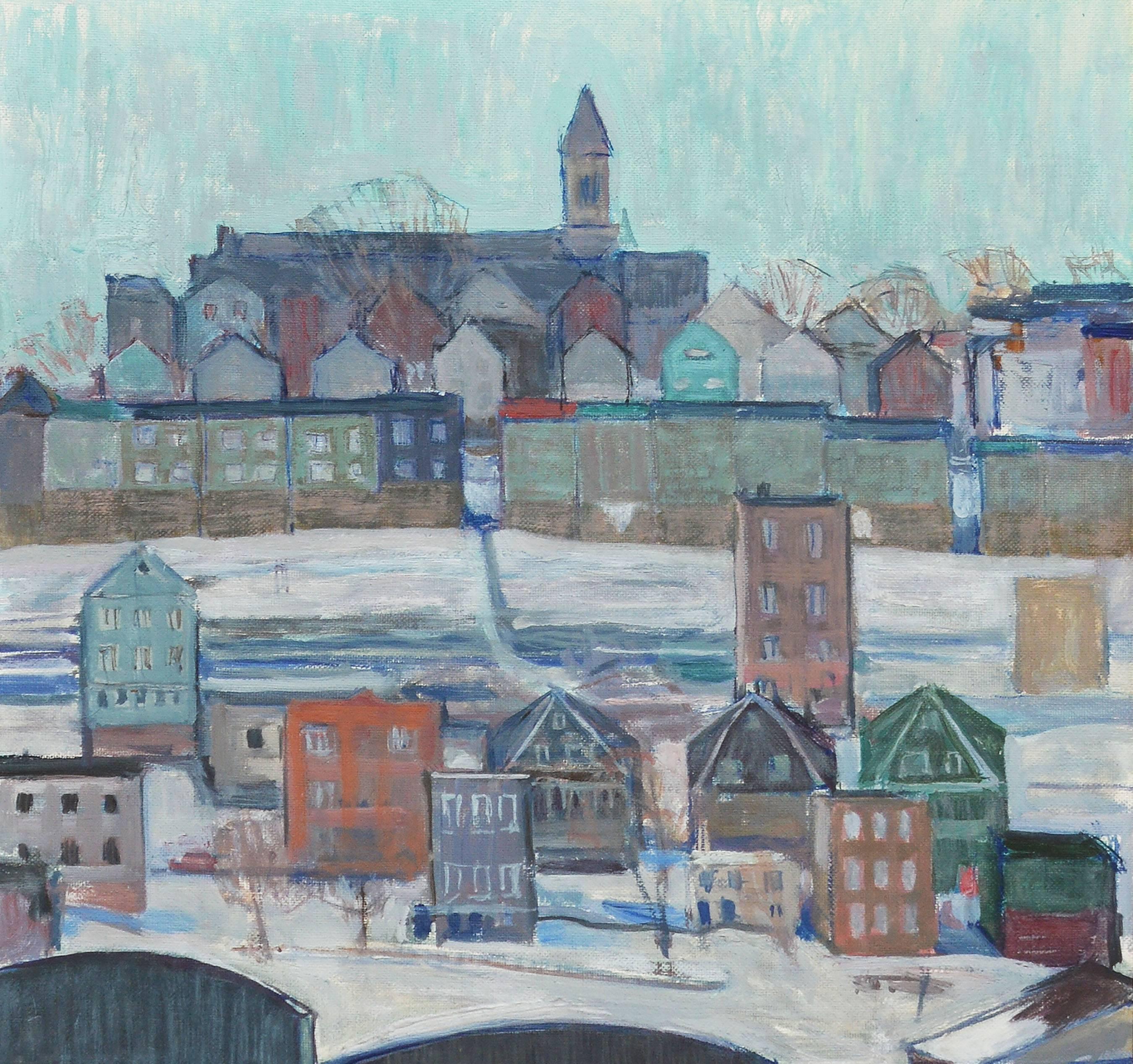 Modernist view of a city in winter.  Oil on board, circa 1940.  Unsigned. Displayed in a grey modernist frame.  Image size, 12