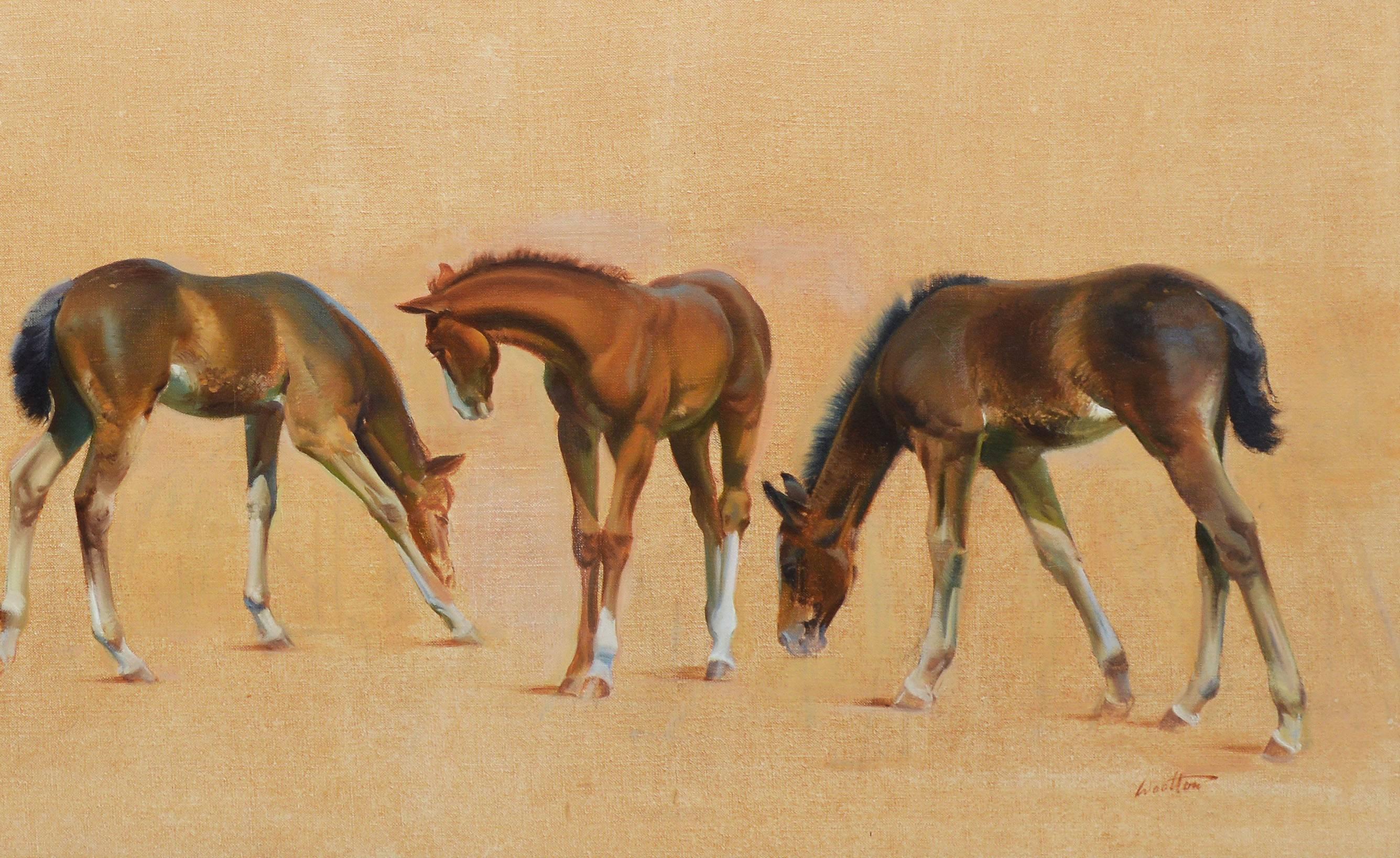 Original oil painting of horses by Walt Wooten (b.1939).  Oil on canvas, circa 1970.  Signed lower right, "Wooten".  Displayed in a period giltwood frame.  Image size, 38"L x 17"H, overall 46"L x 25"H.