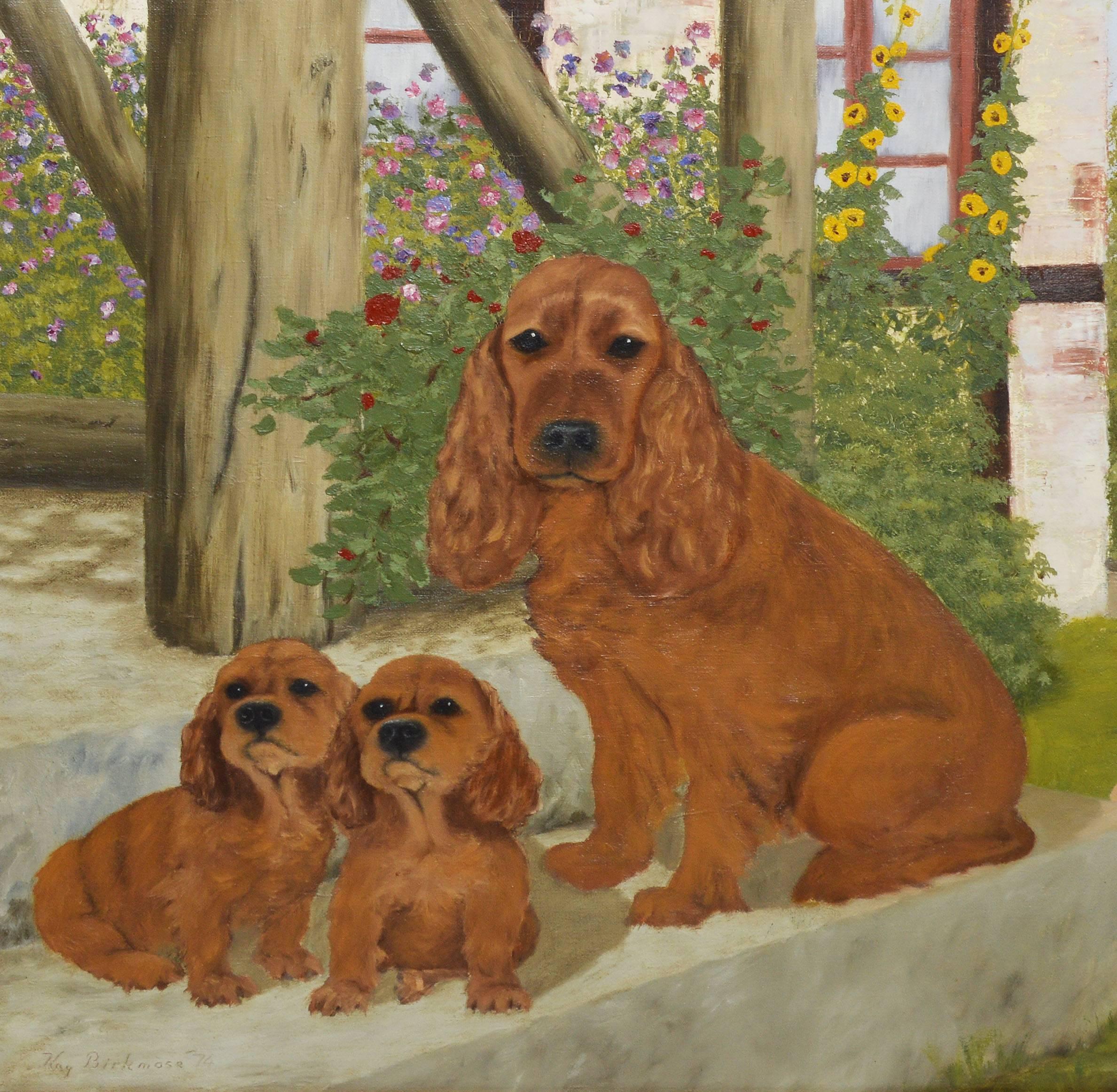 Portrait of Spaniel Puppies in a Flower Garden - Brown Animal Painting by Unknown