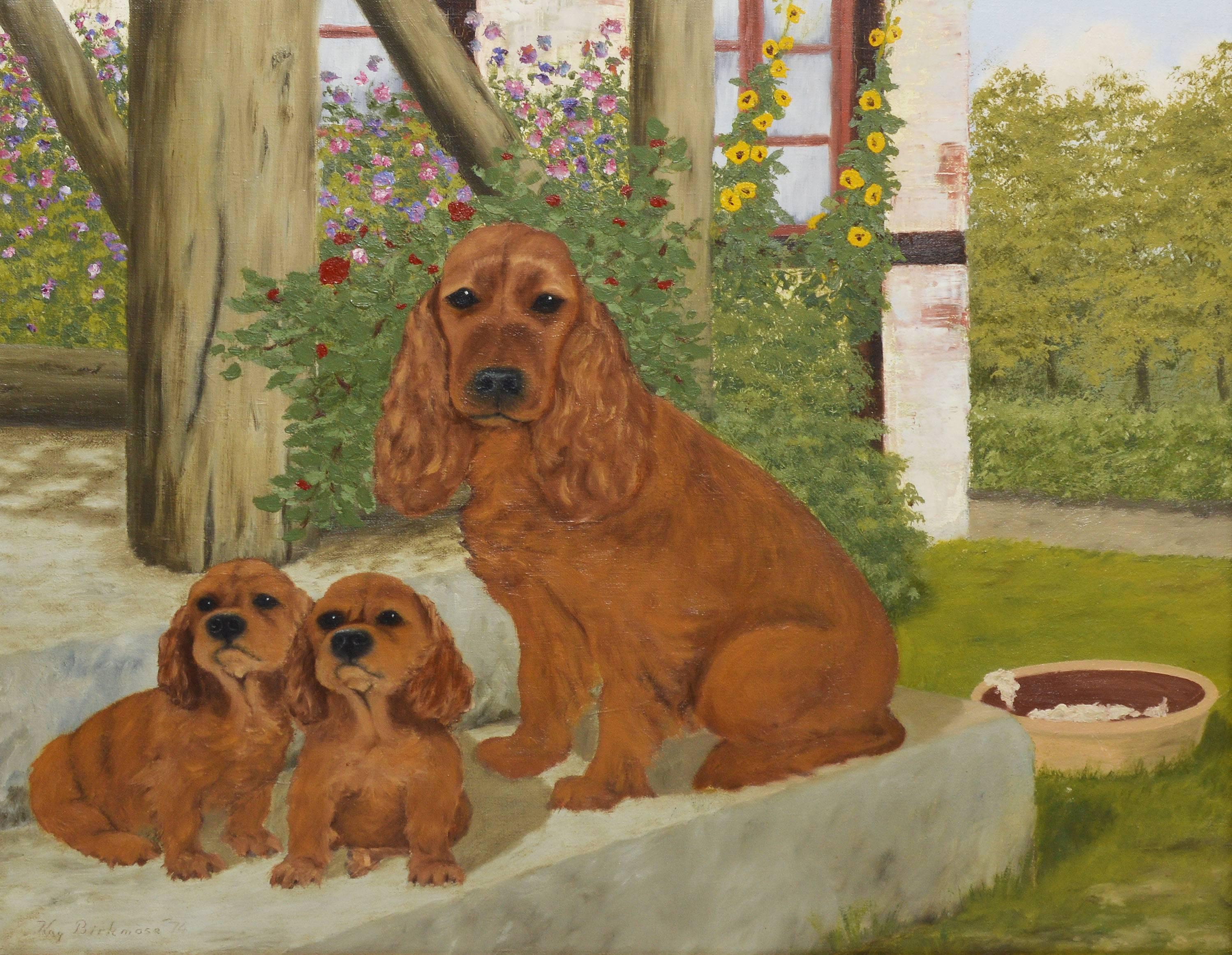 Portrait of Spaniel Puppies in a Flower Garden - Impressionist Painting by Unknown