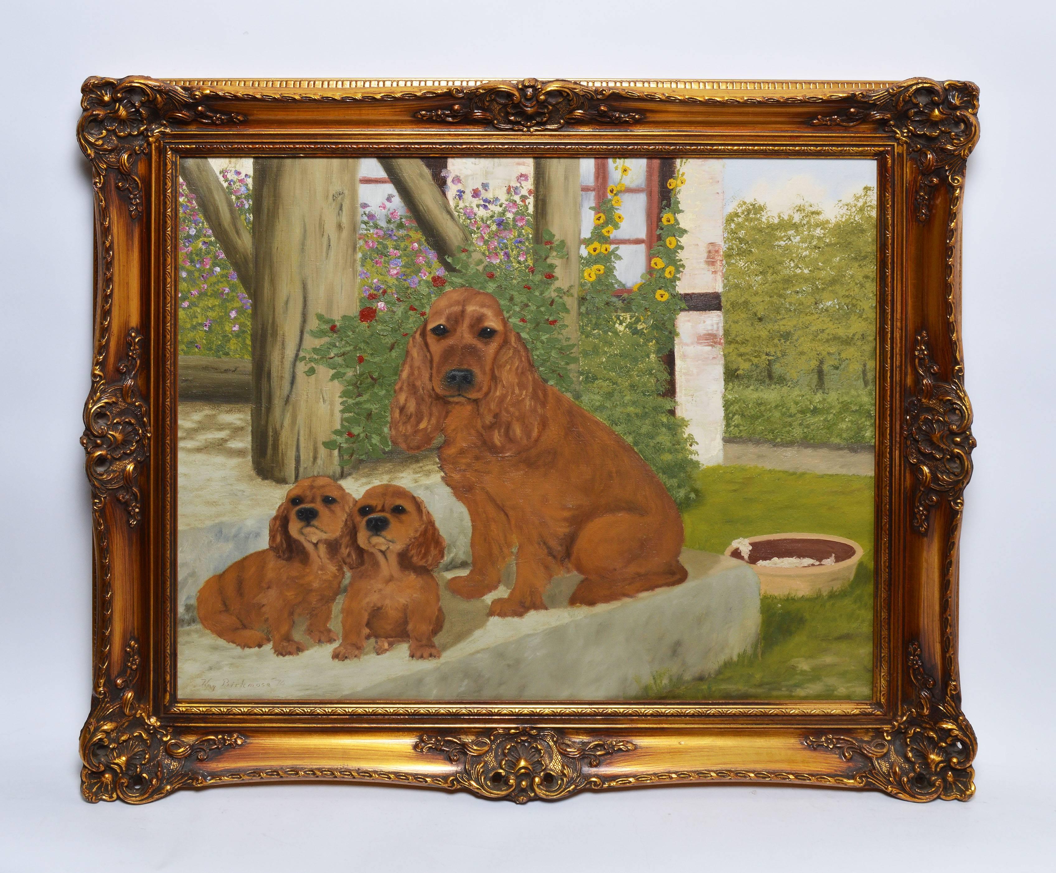 Portrait of Spaniel Puppies in a Flower Garden - Painting by Unknown