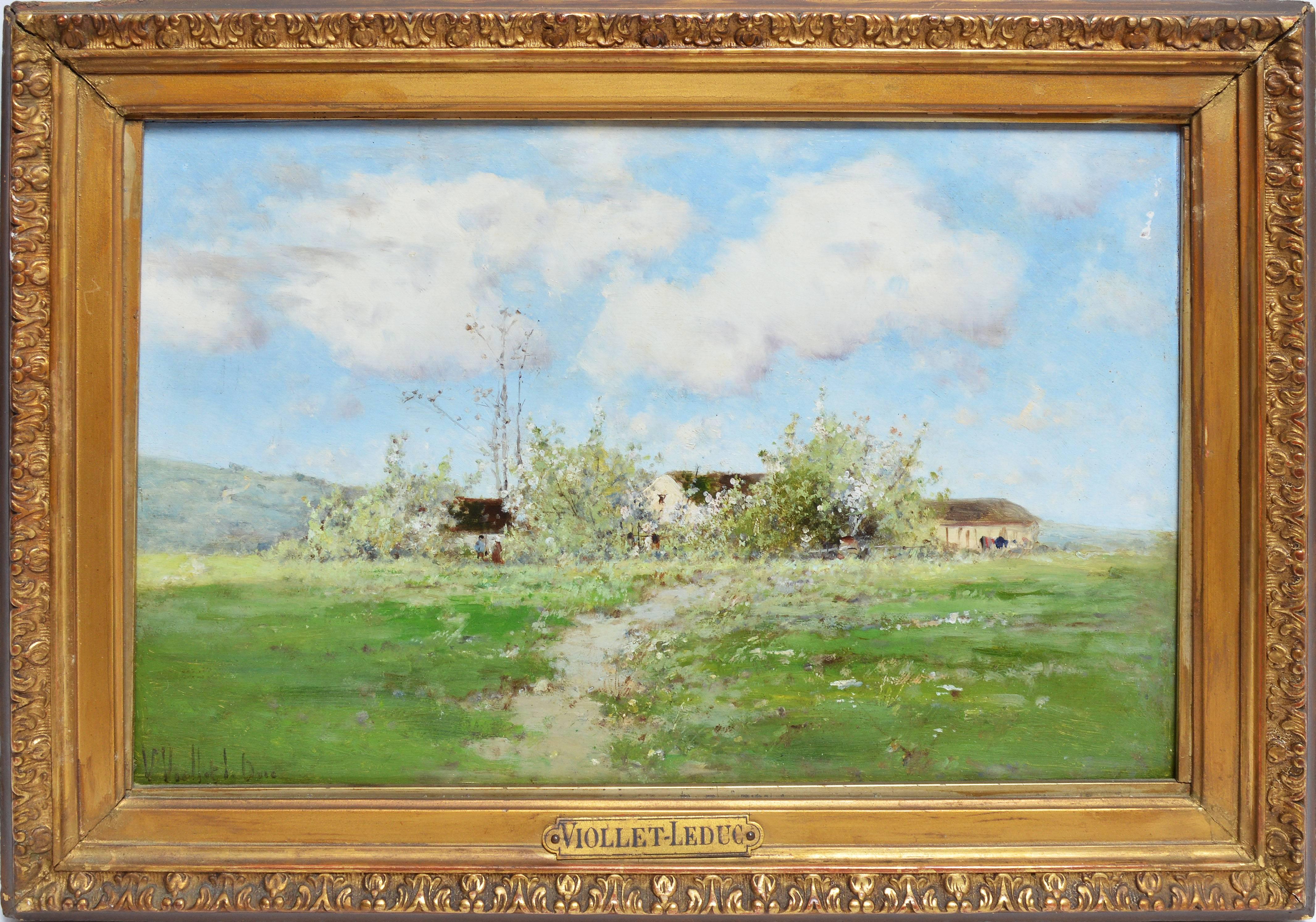 Antique Barbizon school landscape by Victor Viollet-le-Duc (1848-1901).  Oil on board, circa 1875.  Signed lower left, &quot;V. Viollet-le-Duc&quot;.  Displayed in a period giltwood frame.  Image size, 12&quot;L x 8.5&quot;H, overall 15&quot;L x