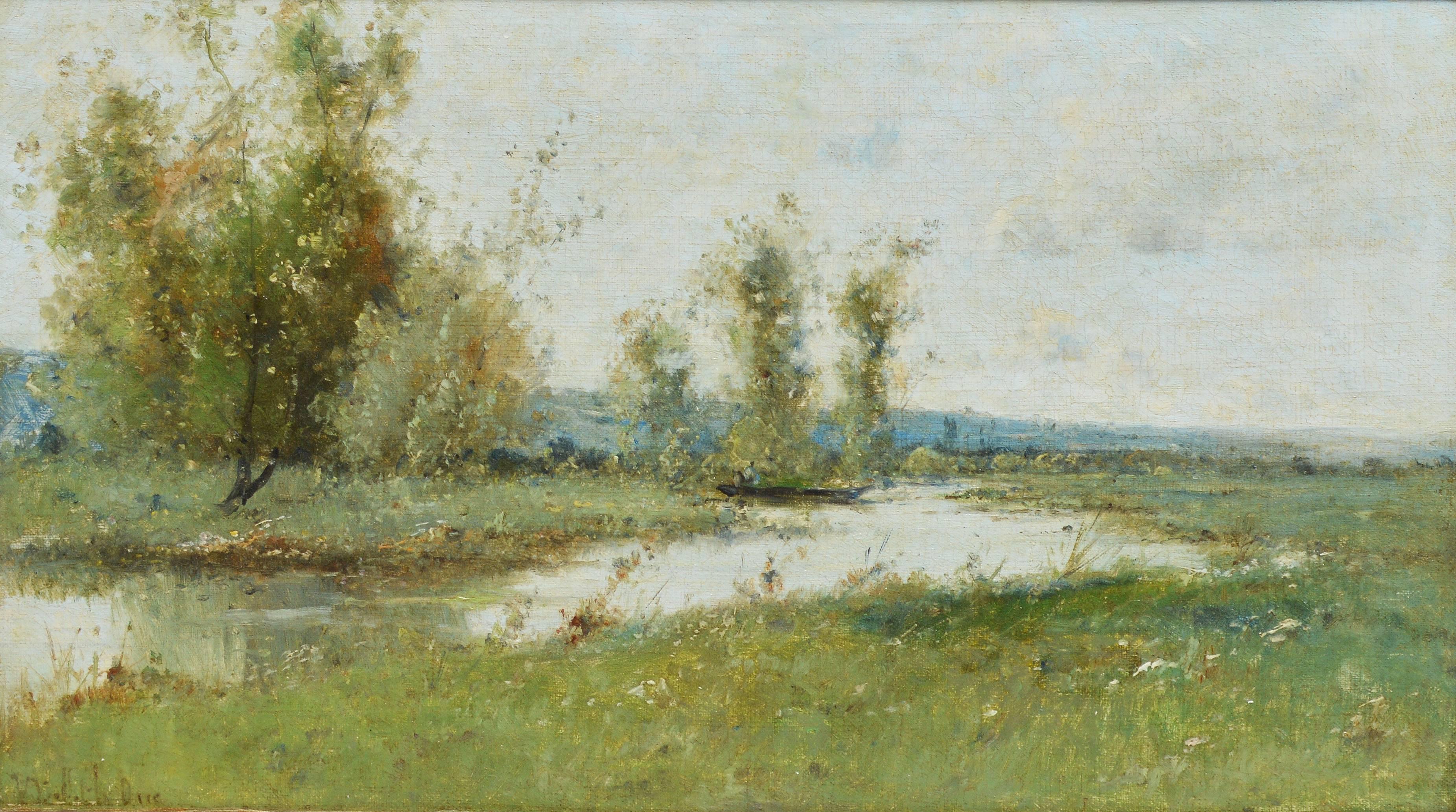 Antique Barbizon school landscape with a boat and figure by Victor Viollet-le-Duc (1848-1901). Oil on board, circa 1875. Signed lower left, "V. Viollet-le-Duc". Displayed in a period giltwood frame. Image size, 18"L x 10"H,