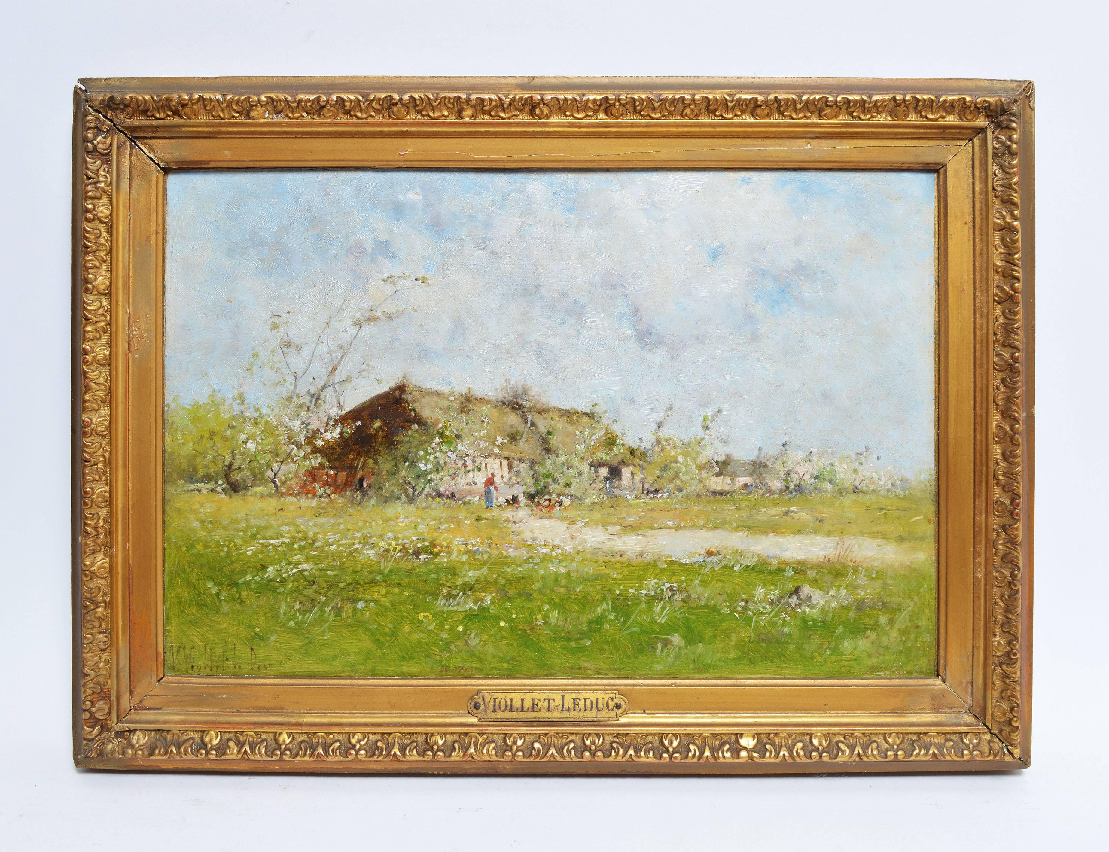 Antique Barbizon school landscape with a farm by Victor Viollet-le-Duc (1848-1901). Oil on board, circa 1875. Signed lower left, &quot;V. Viollet-le-Duc&quot;. Displayed in a period giltwood frame. Image size, 12.25&quot;L x 8.25&quot;H, overall