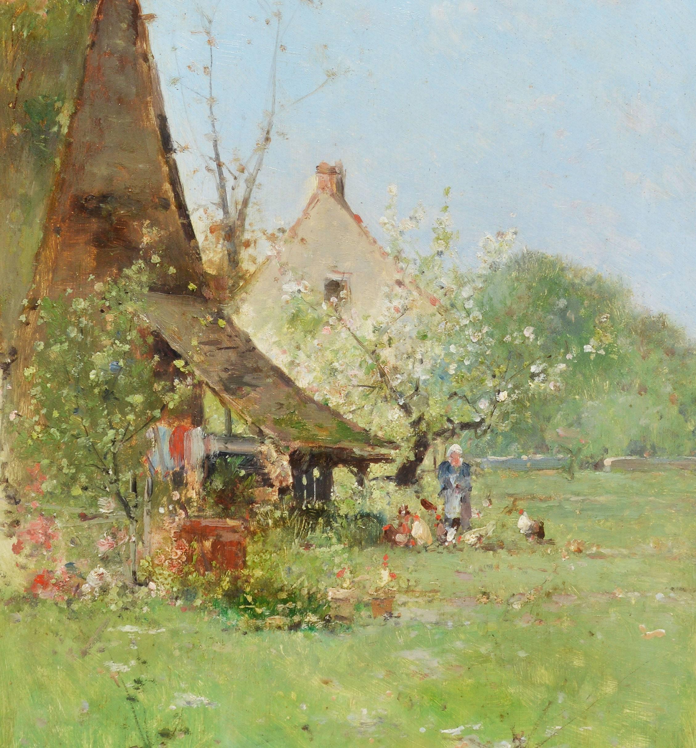 Antique Barbizon school landscape with a figure and chickens by Victor Viollet-le-Duc (1848-1901). Oil on board, circa 1875. Signed lower left, "V. Viollet-le-Duc". Displayed in a period giltwood frame. Image size, 8"L x 12"H,