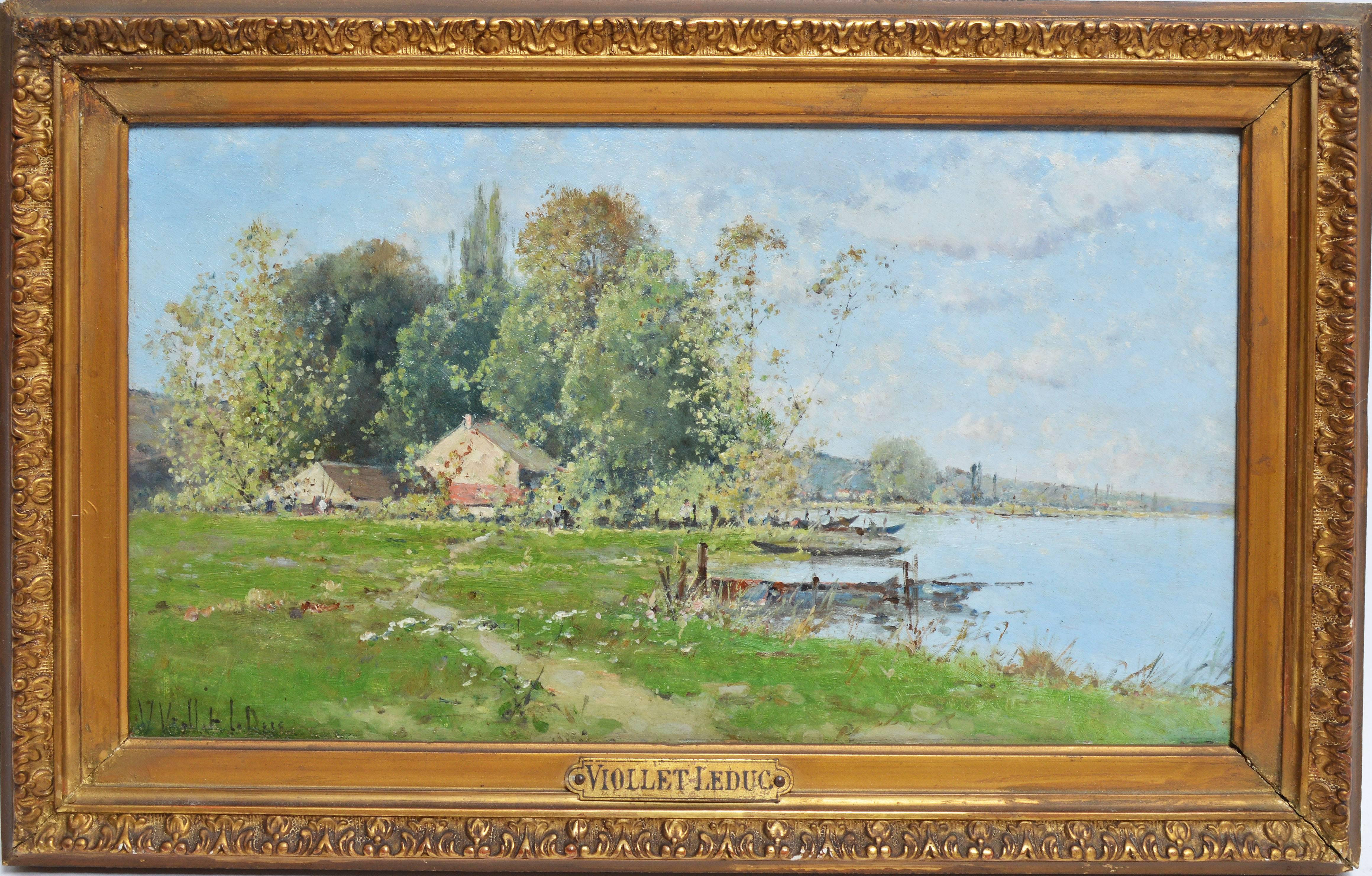 Antique Barbizon school landscape with a lake and house by Victor Viollet-le-Duc (1848-1901).  Oil on board, circa 1875.  Signed lower left, &quot;V. Viollet-le-Duc&quot;.  Displayed in a period giltwood frame.  Image size, 12.5&quot;L x 7.5&quot;H,