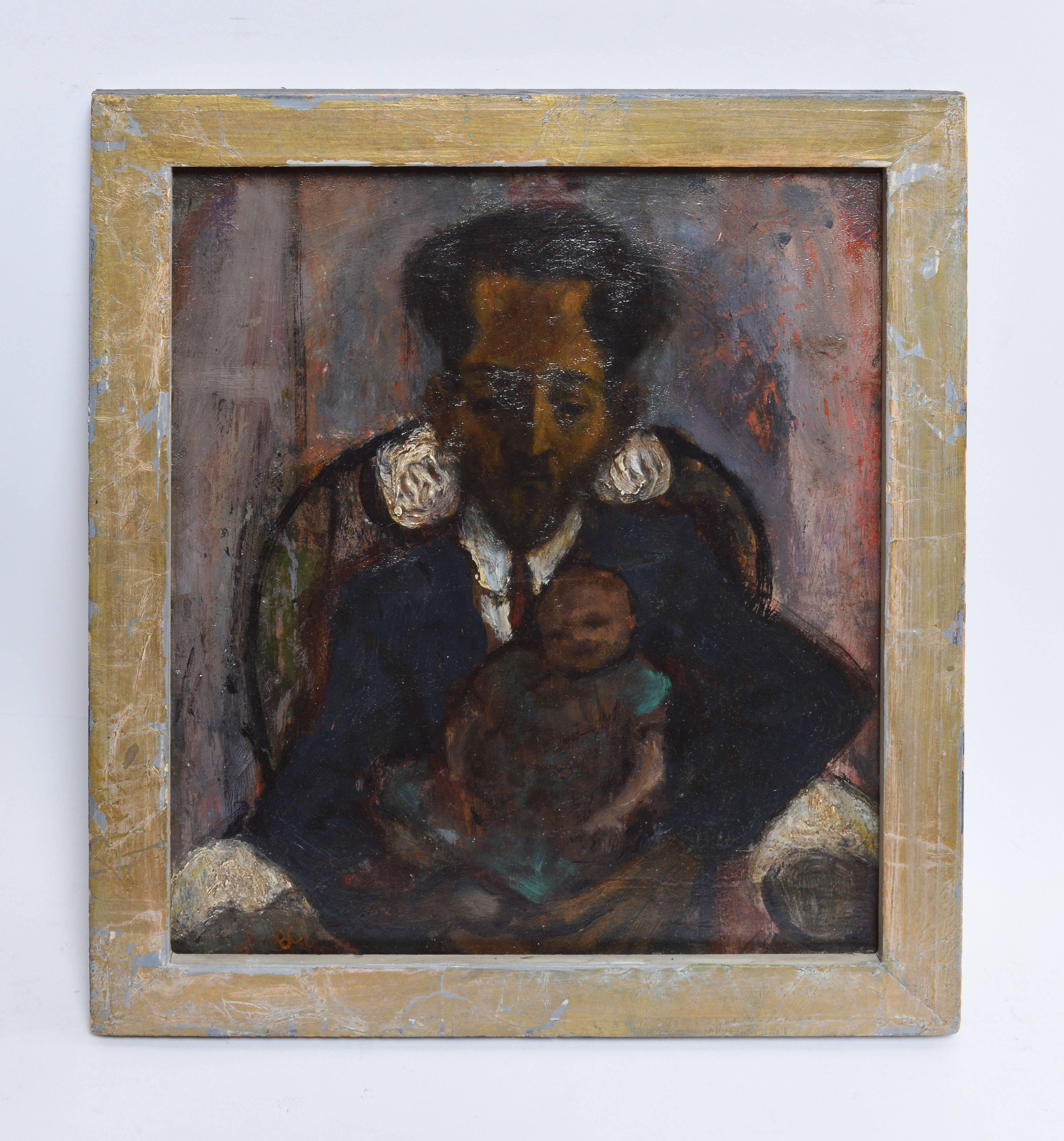 Modernist portrait painting of a father and son by Bernard Chaet (1924-2012).  Oil on board, circa 1950.  Signed lower left "BC".  Displayed in a light gold modernist frame.  Image size, 9"L x 13"H, overall 10.5"L x