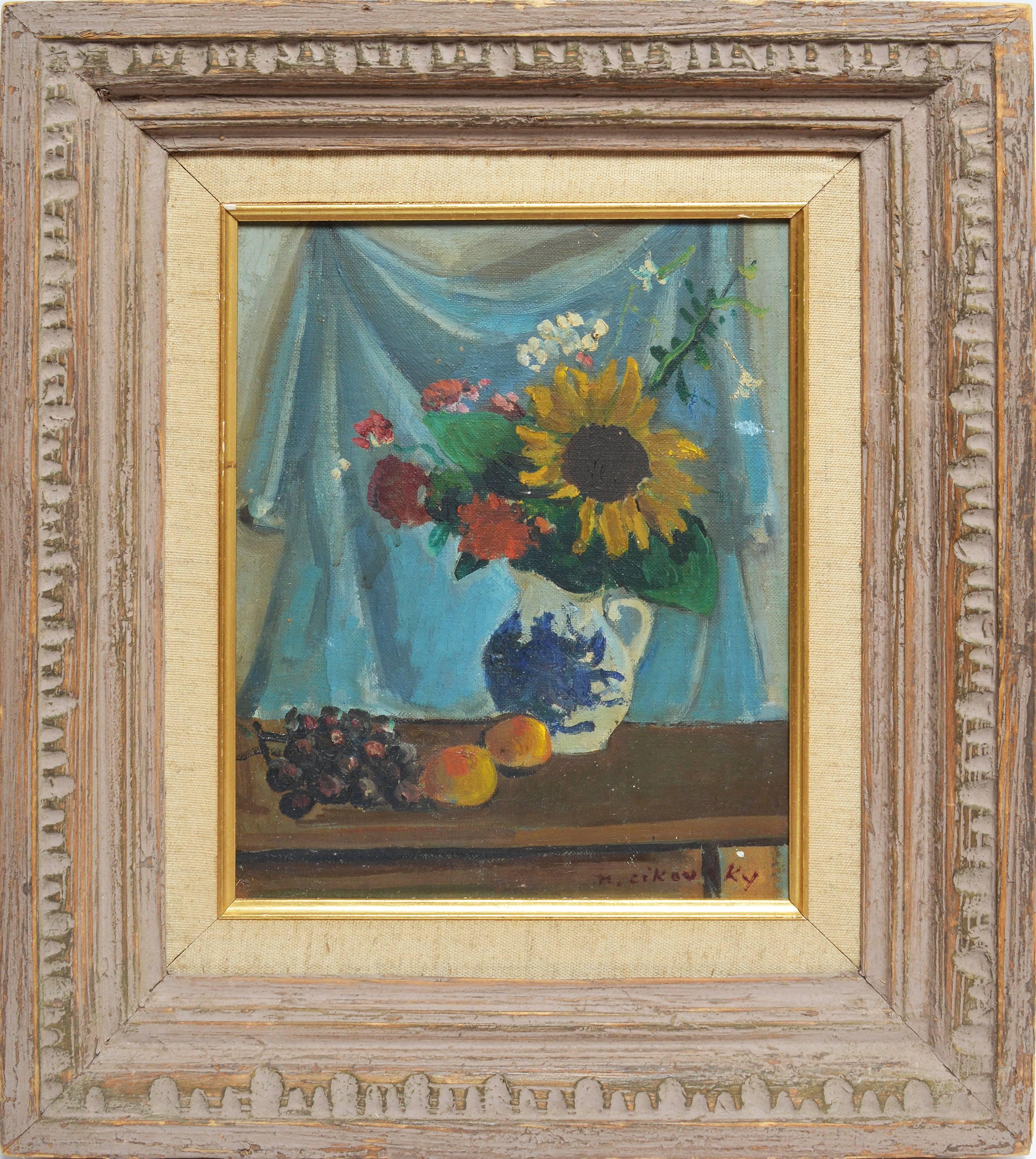 Impressionist flower still life by Nicolai Cikovsky (1894-1984).  Oil on canvas, circa 1940.  Signed lower left, "N. Cikovsky".  Displayed in a period modernist frame.  Image size, 8"L x 10"H, overall 13"L x 15"H.