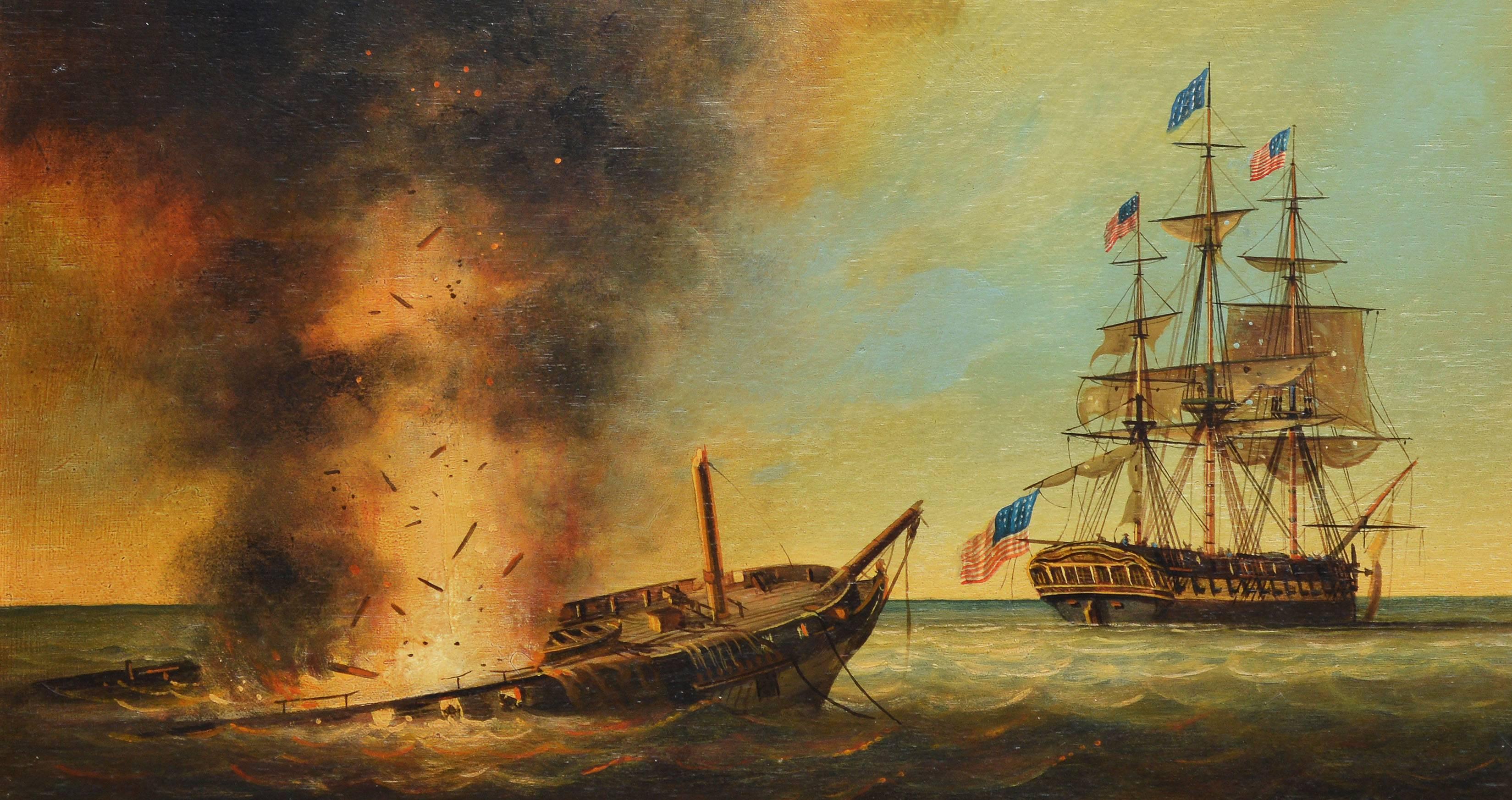 Realist painting of a naval battle between The Constitution and Java by Brian Coole.  Oil on board, circa 1970.  Signed lower right, "Brian Coole".  Displayed in a giltwood frame. Image size, 25"L x 15"H, overall 31"L x
